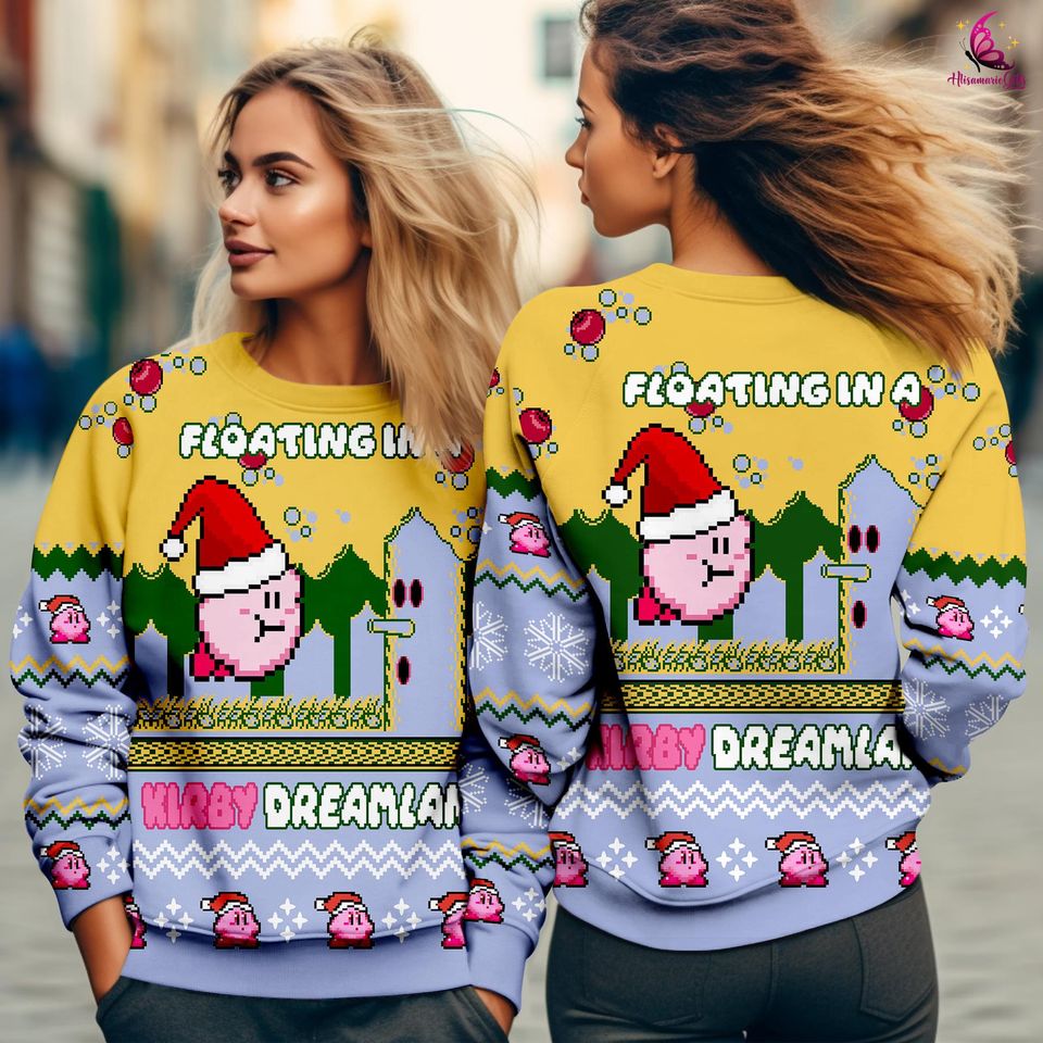 Kirby Video Game Ugly Christmas Sweatshirt | Pink Kirby Ugly Sweater