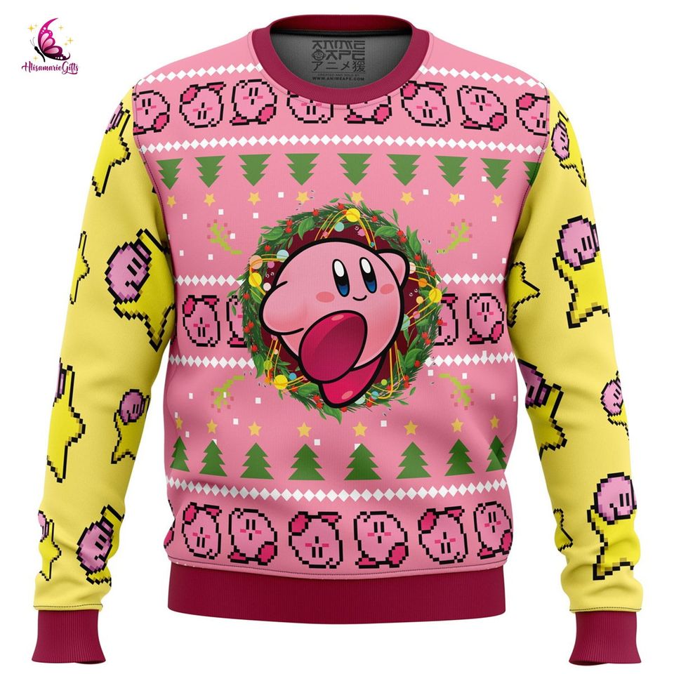 Kirby Video Game Ugly Christmas Sweatshirt | Pink Kirby Ugly Sweater
