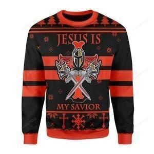 Knight Templar Jesus Is My Savior Ugly Christmas Sweater Adult 3D Funny Matching for family - Image 2