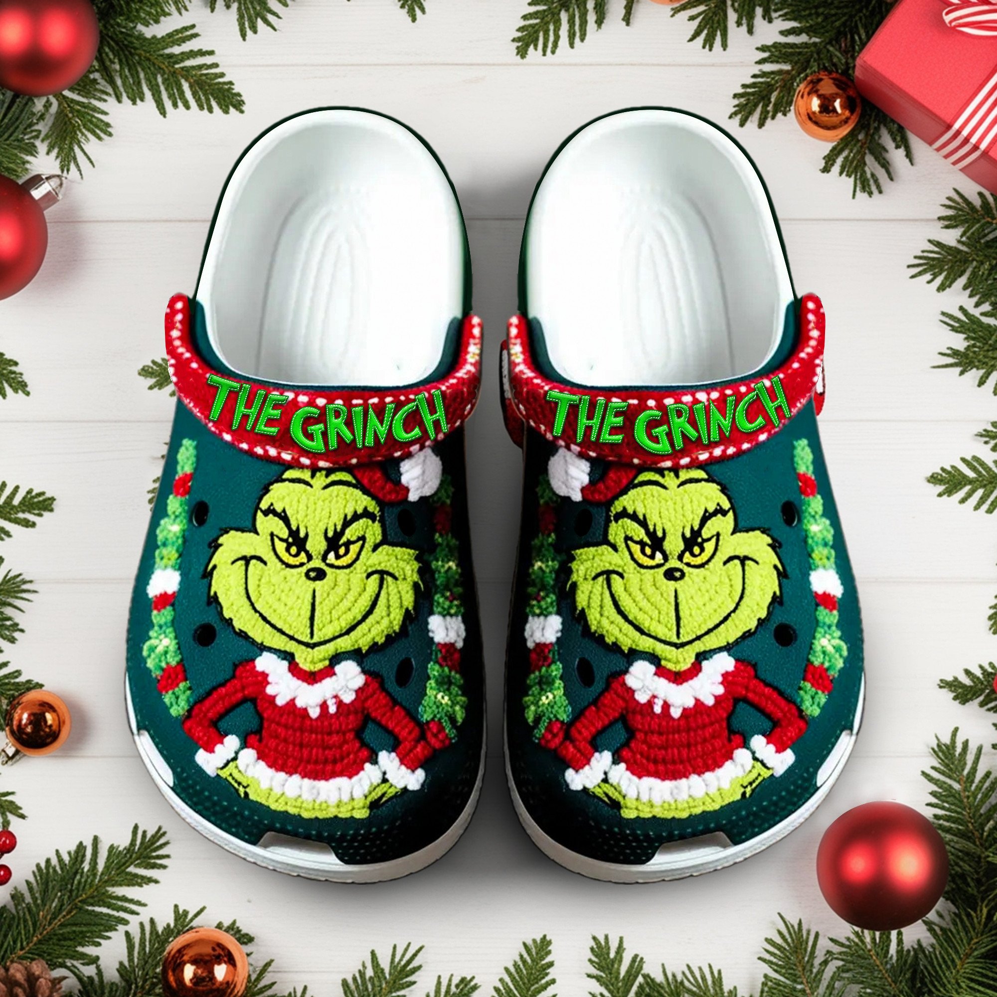 Knit Effect The Grinch Movie Christmas Crocs Crocband Clogs Shoes Comfortable For Men Women and Kids