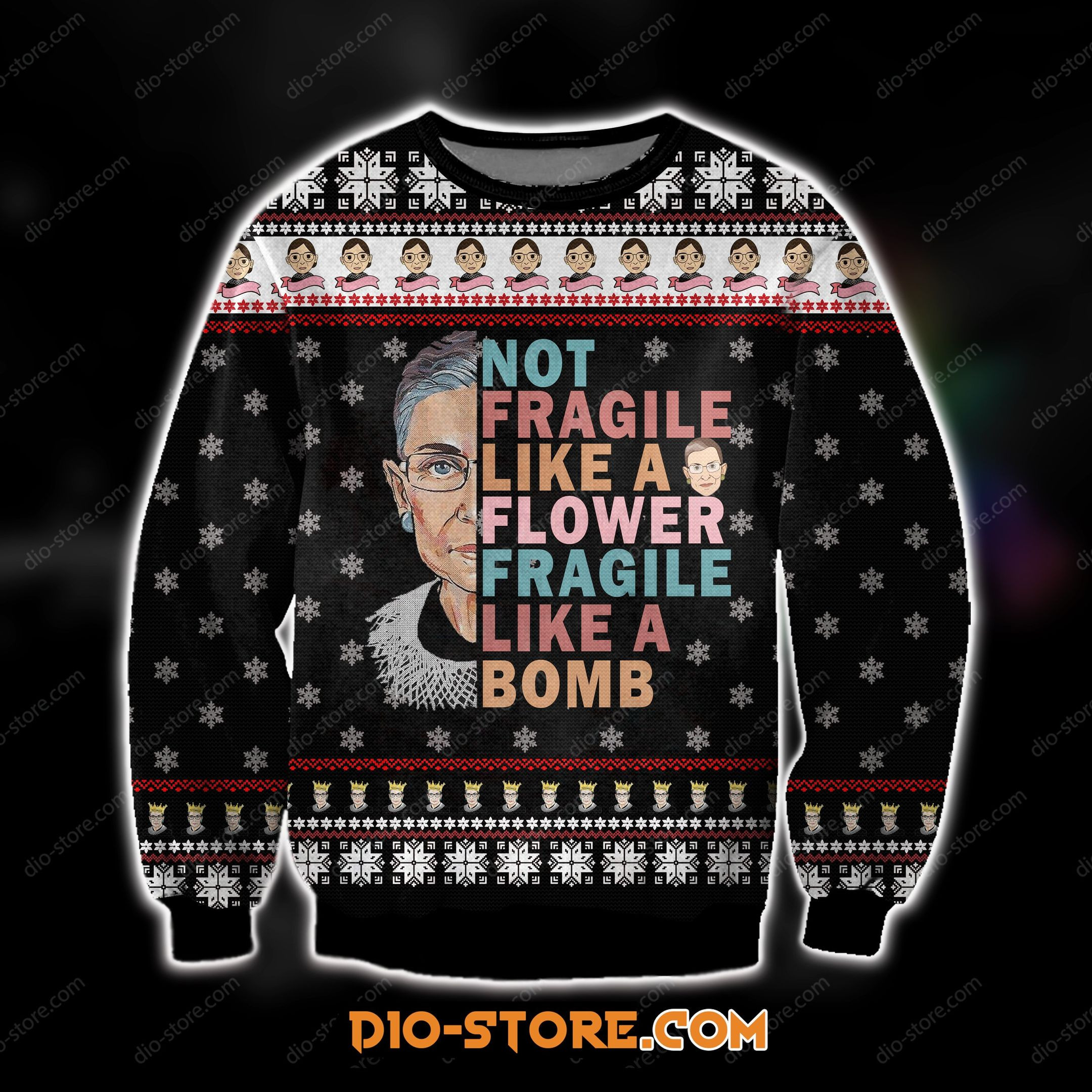Knitting Pattern Ruth Bader Ginsburg Not Fragile Like A Flower Fragile Like A Bomb For Unisex Ugly Christmas Sweater Adult 3D Funny Matching for family
