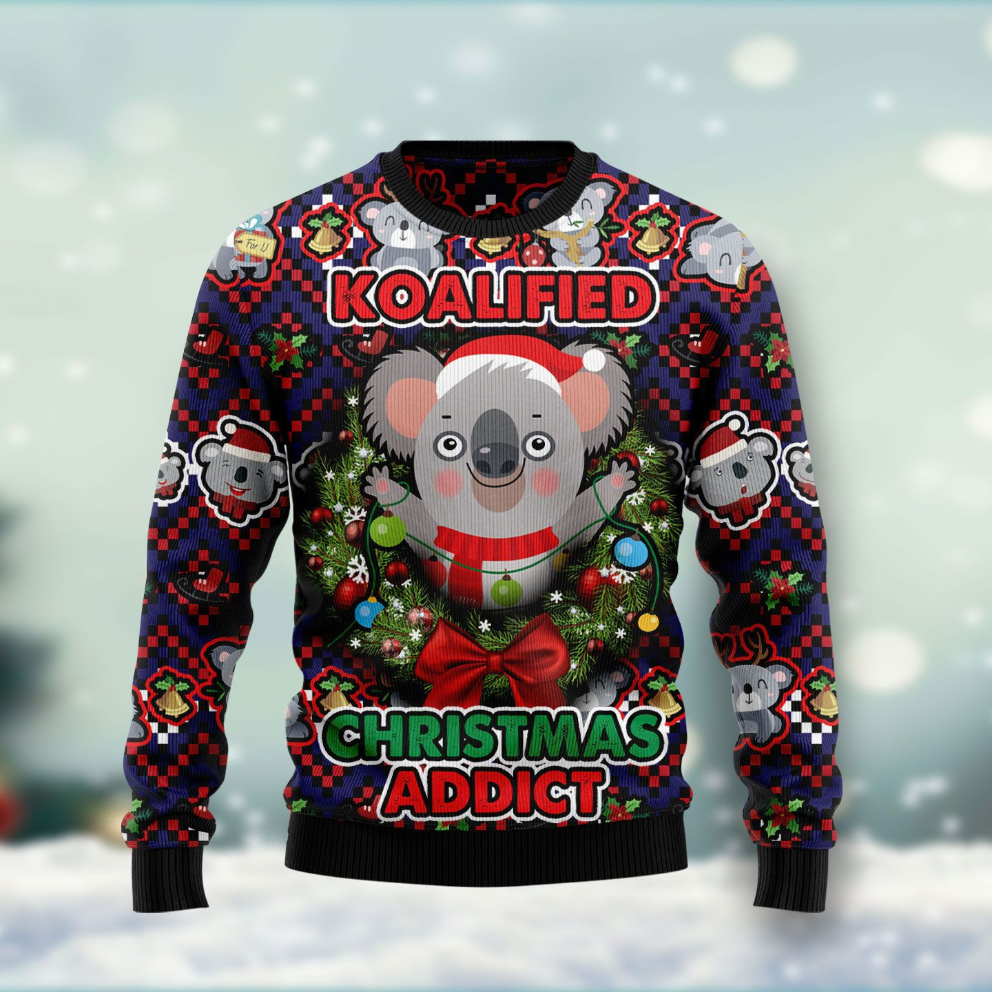 Koalified Christmas Addict Ugly Christmas Sweater Adult 3D Funny Matching for family