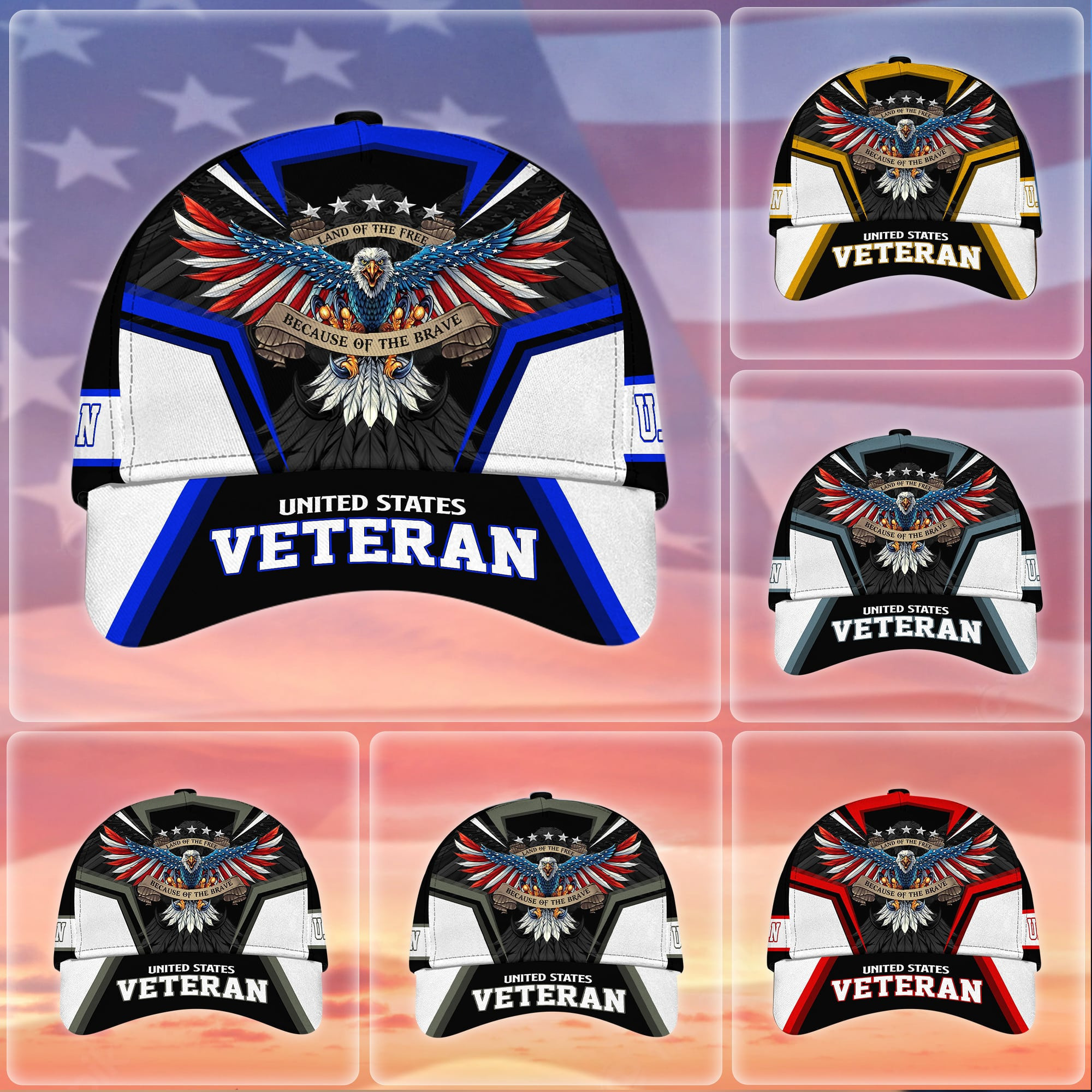 Land Of The Free Because Of The Brave U.S. Veteran 3D Cap Trucker Hats Custom Hats Gifts For Men & Women
