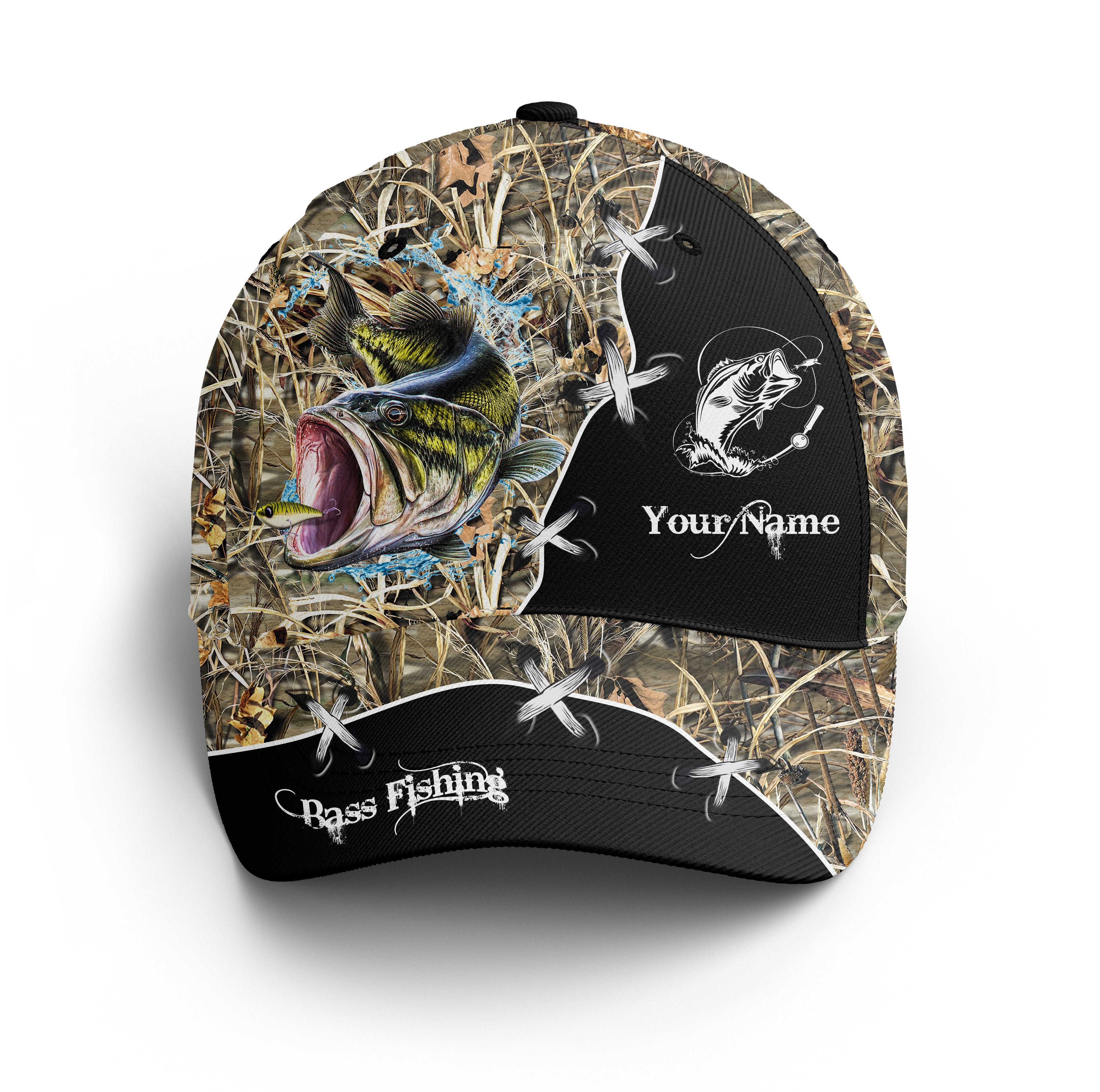 Largemouth Bass Fishing Camo Custom Fishing Hat Adjustable Mesh Unisex Fishing Baseball Fisherman Hat, Fishing Classic Cap Trucker Hats Custom Hats Gifts For Men & Women