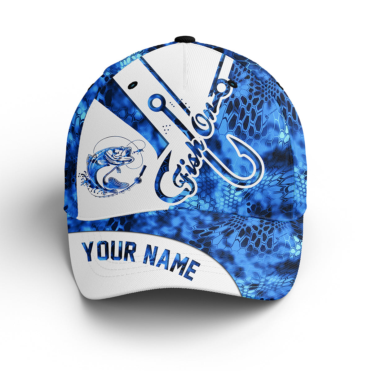 Largemouth Bass Fishing Fish On Blue Camo Hat Adjustable Mesh Unisex Fishing Baseball Angler Hat, Fishing Classic Cap Trucker Hats Custom Hats Gifts For Men & Women
