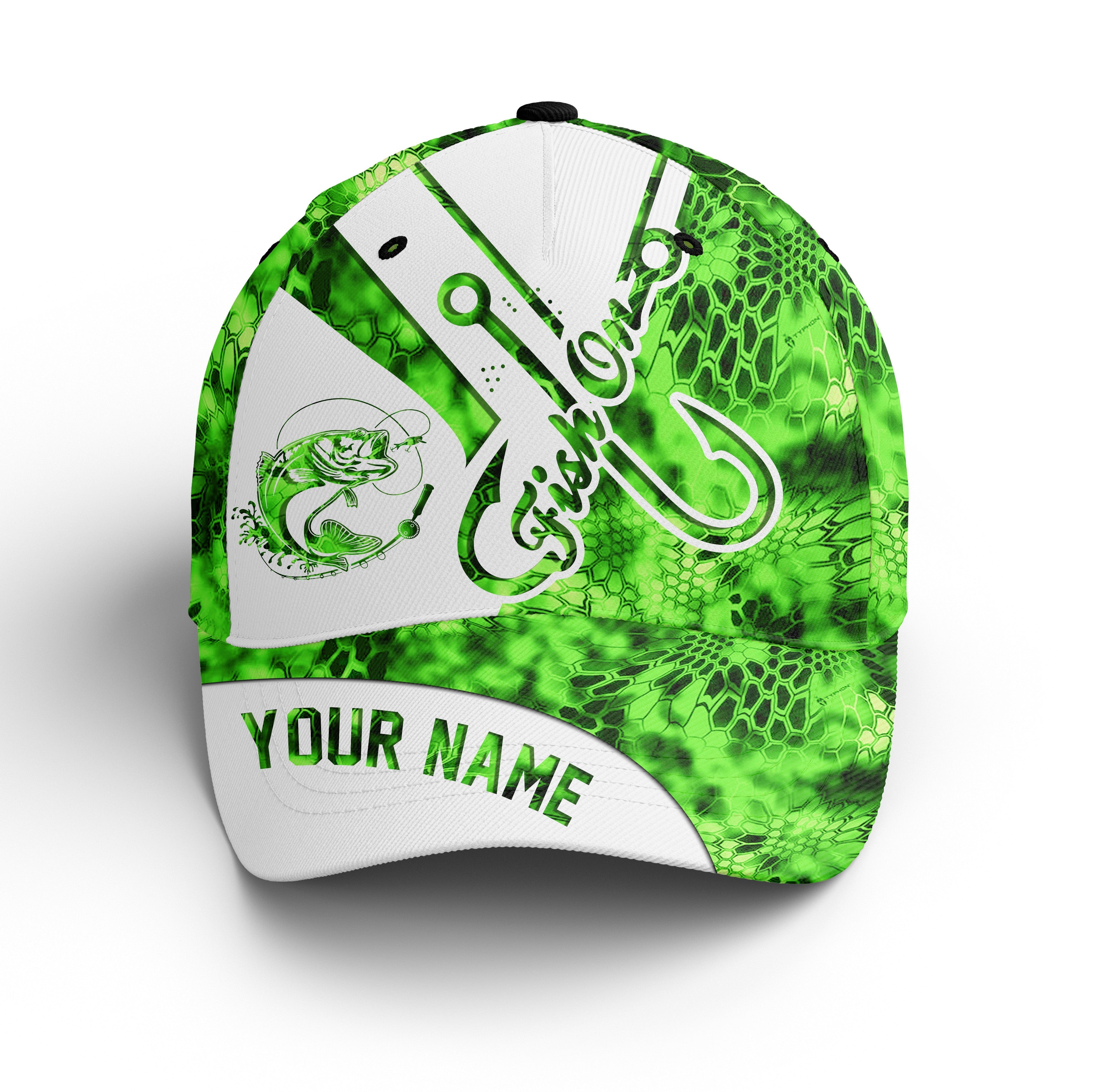 Largemouth Bass Fishing Fish On Green Camo Hat Adjustable Mesh Unisex Fishing Baseball Angler Hat, Fishing Classic Cap Trucker Hats Custom Hats Gifts For Men & Women