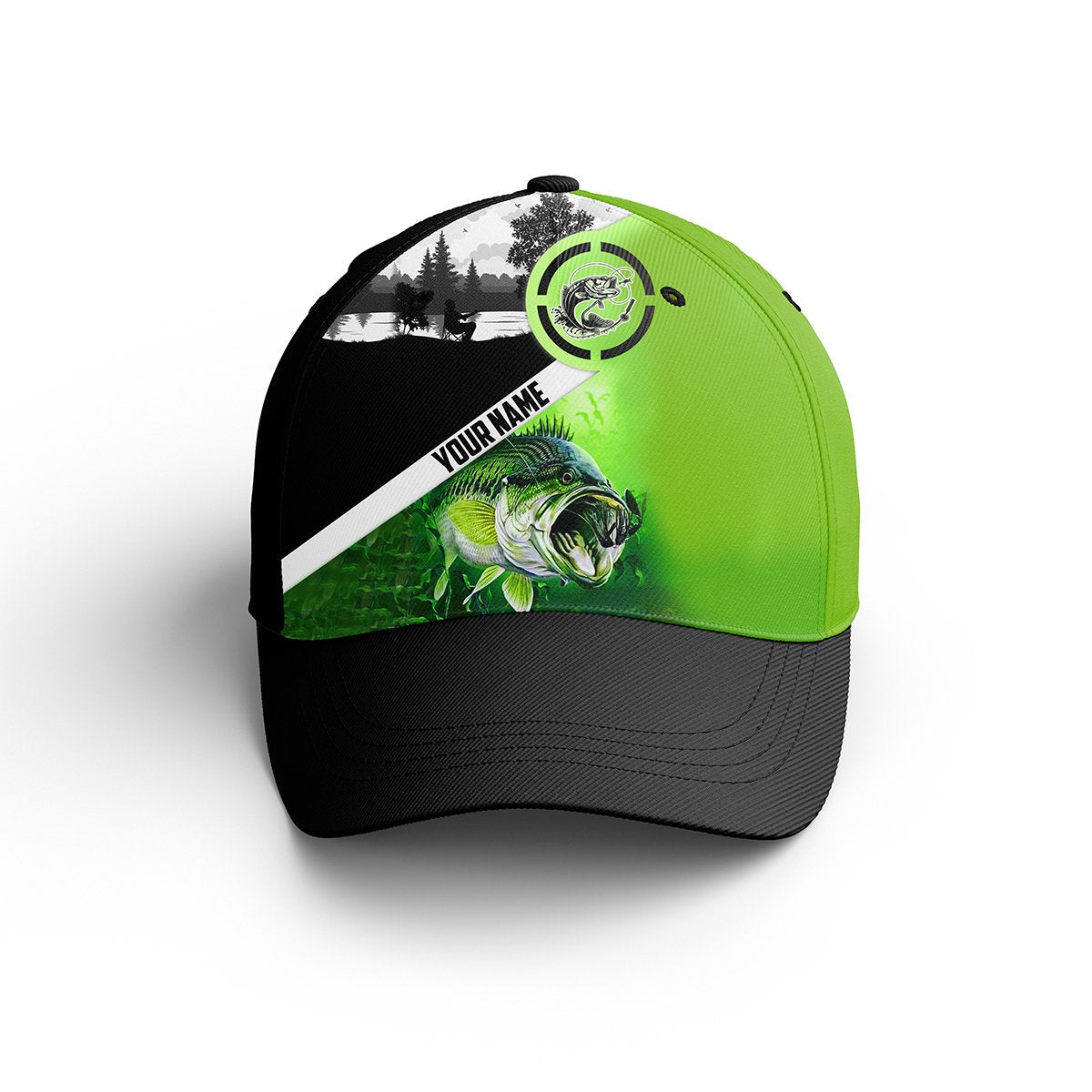 Largemouth Bass Fishing Green Custom Adjustable Mesh Unisex Fishing Baseball Angler Hat Cap, Fishing Classic Cap Trucker Hats Custom Hats Gifts For Men & Women