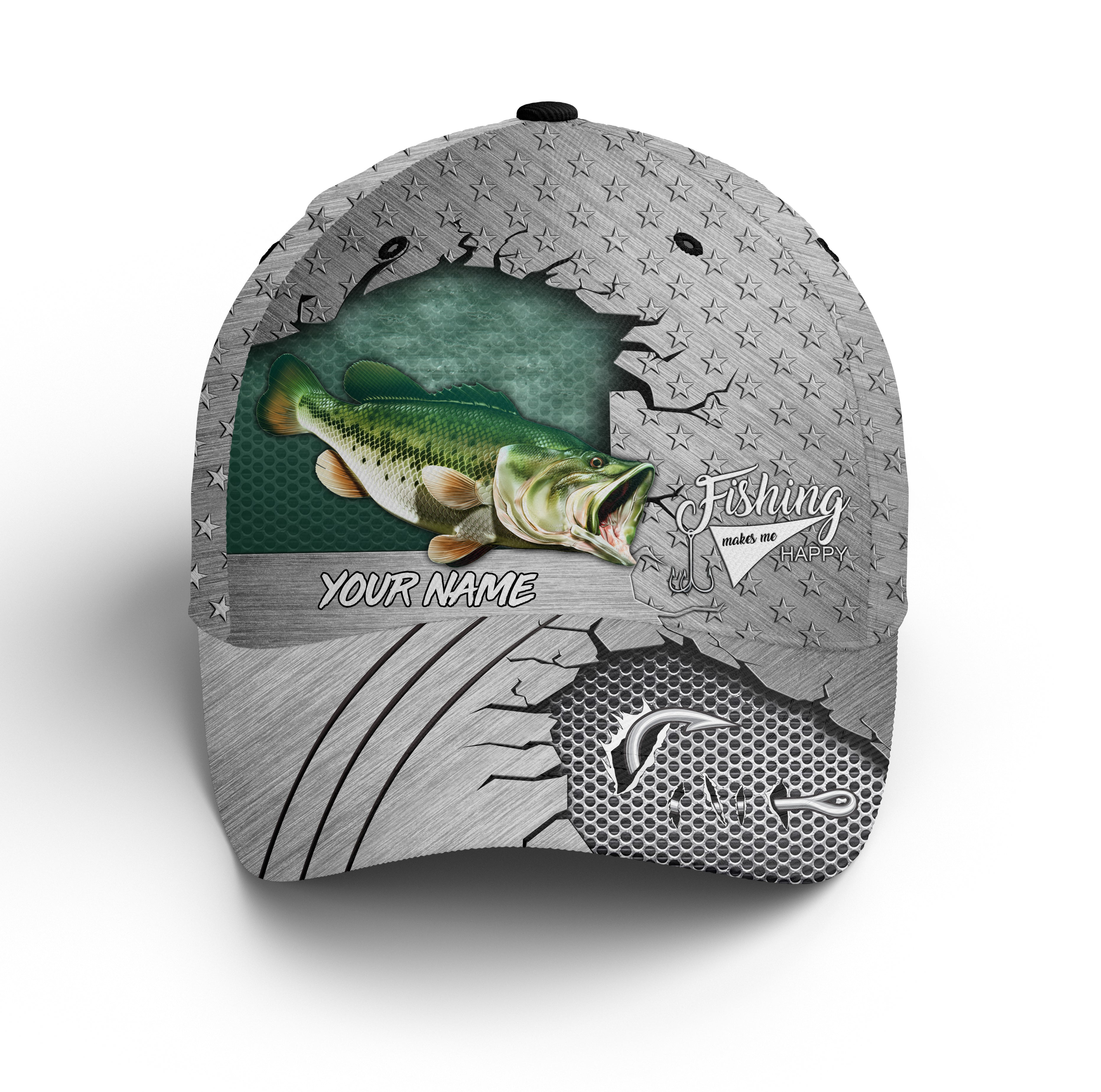 Largemouth Bass Fishing Makes Me Happy Custom Fishing Hat Adjustable Mesh Unisex Fishing Baseball Hat, Fishing Classic Cap Trucker Hats Custom Hats Gifts For Men & Women