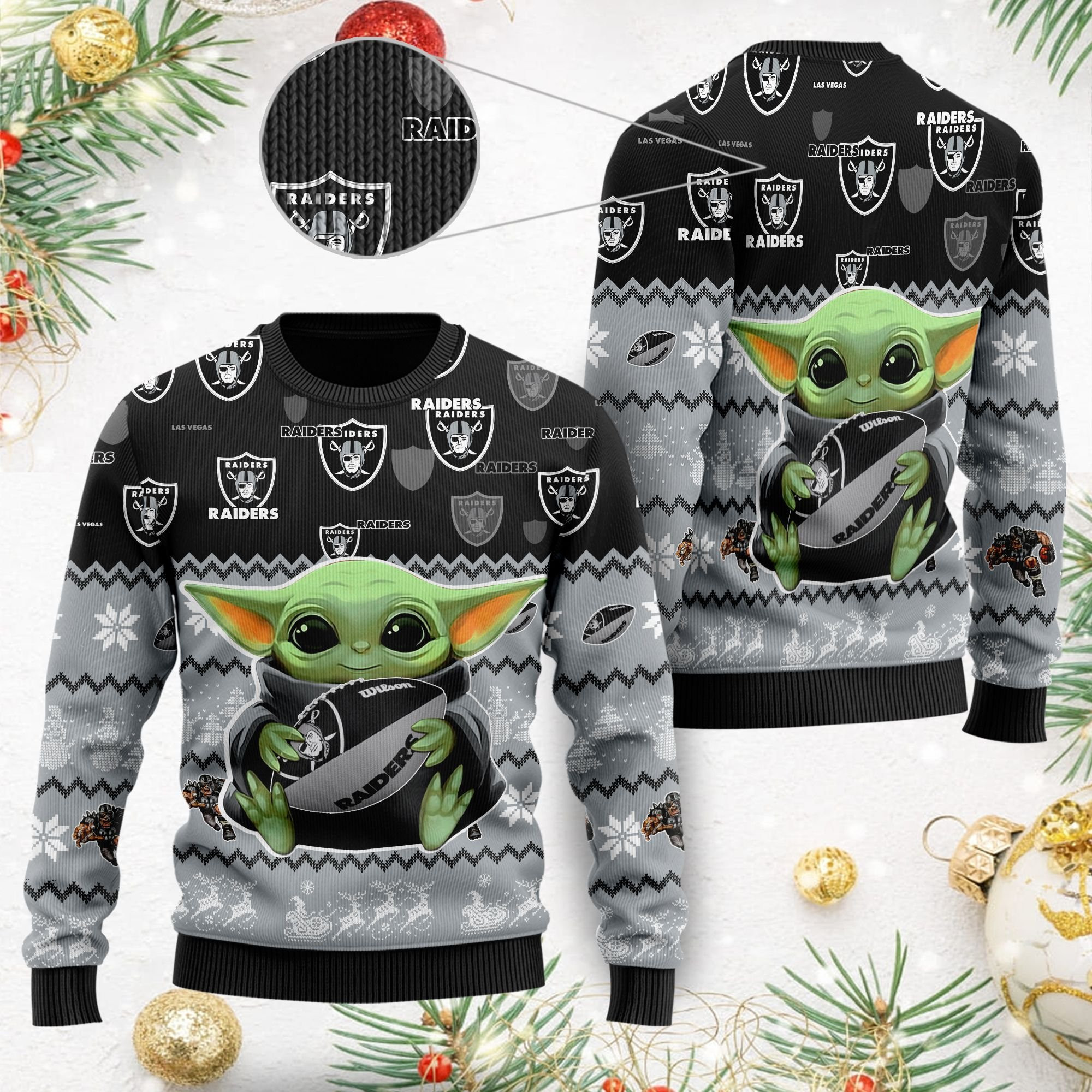 Las Vegas Raiders Baby Yoda Shirt For American Football Fans Ugly Christmas Sweater Adult 3D Funny Matching for family