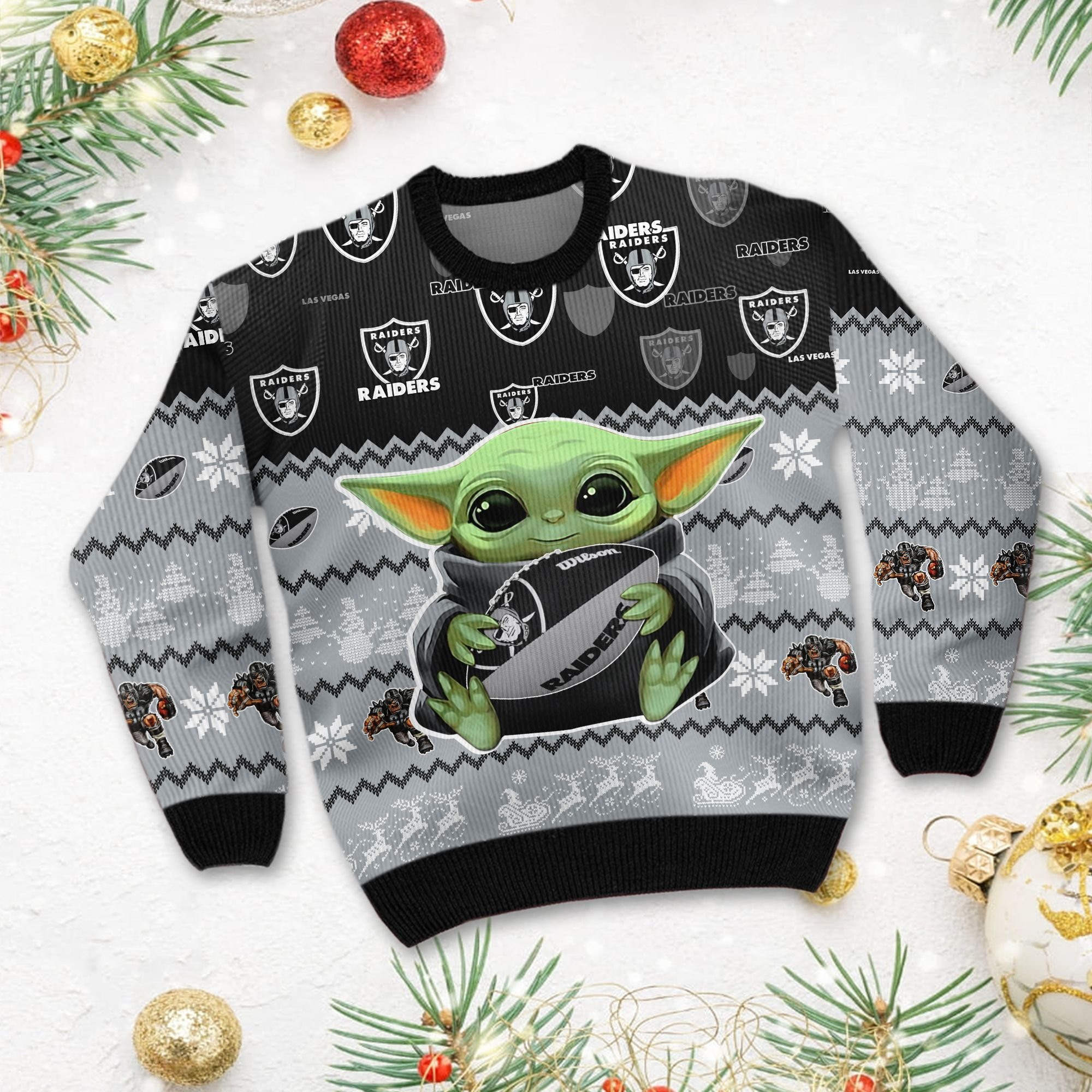 Las Vegas Raiders Baby Yoda Shirt For American Football Fans Ugly Christmas Sweater Adult 3D Funny Matching for family - Image 3