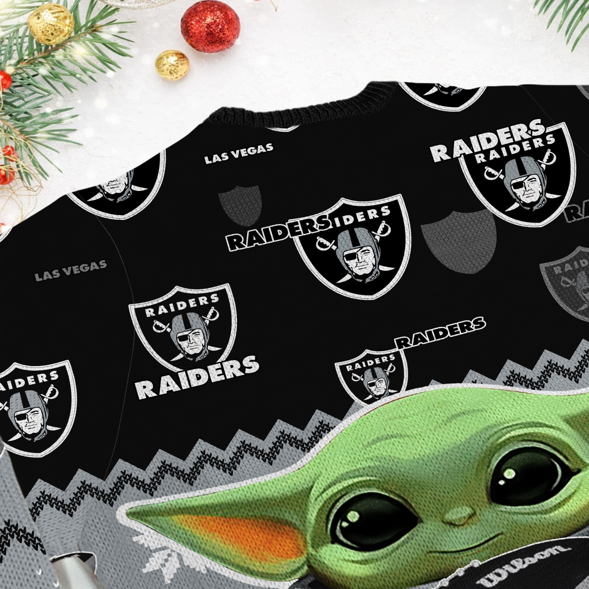 Las Vegas Raiders Baby Yoda Shirt For American Football Fans Ugly Christmas Sweater Adult 3D Funny Matching for family - Image 6