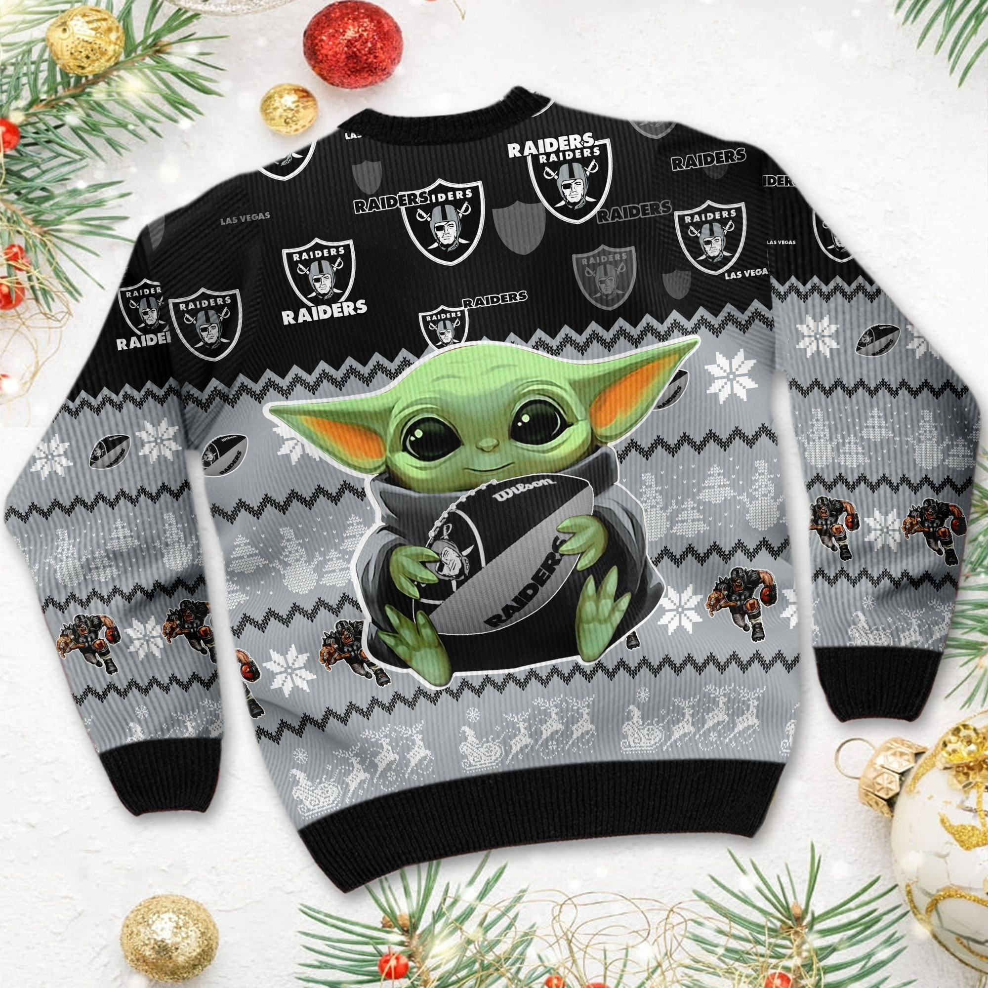 Las Vegas Raiders Baby Yoda Shirt For American Football Fans Ugly Christmas Sweater Adult 3D Funny Matching for family - Image 4