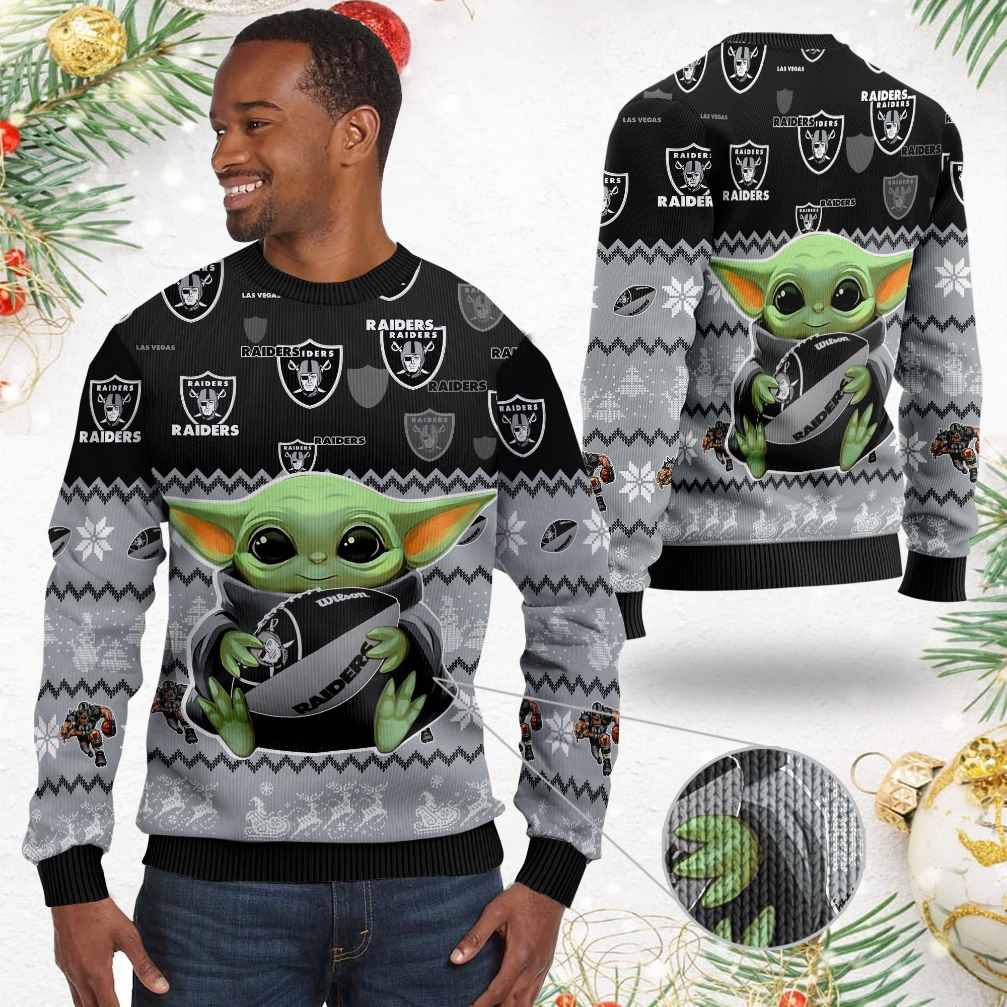 Las Vegas Raiders Baby Yoda Shirt For American Football Fans Ugly Christmas Sweater Adult 3D Funny Matching for family - Image 2
