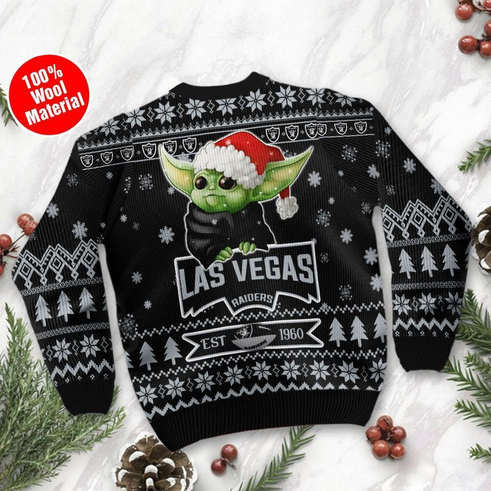 Las Vegas Raiders Cute Baby Yoda Grogu Holiday Party Ugly Christmas Sweater Adult 3D Funny Matching for family - Image 3