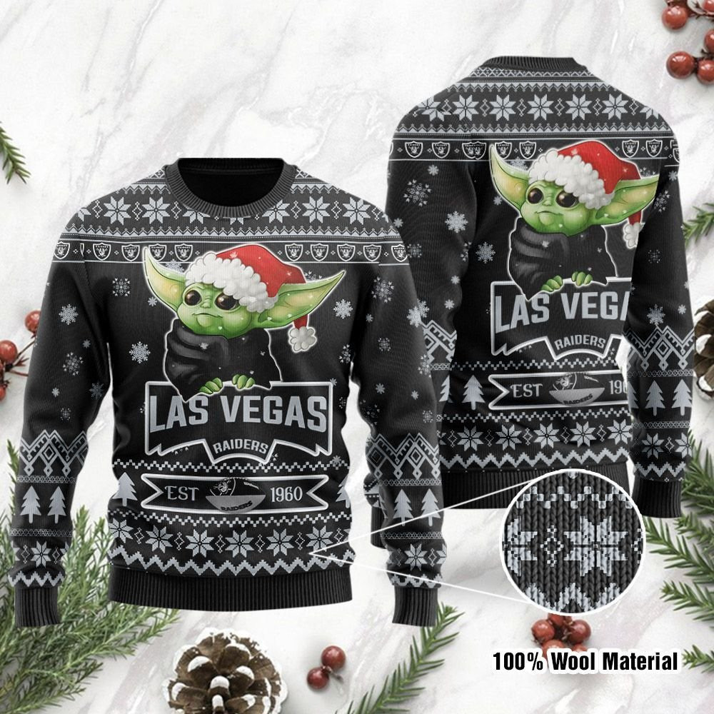 Las Vegas Raiders Cute Baby Yoda Grogu Holiday Party Ugly Christmas Sweater Adult 3D Funny Matching for family