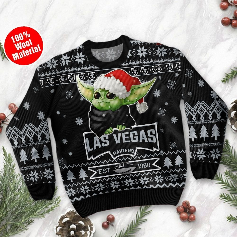 Las Vegas Raiders Cute Baby Yoda Grogu Holiday Party Ugly Christmas Sweater Adult 3D Funny Matching for family - Image 2