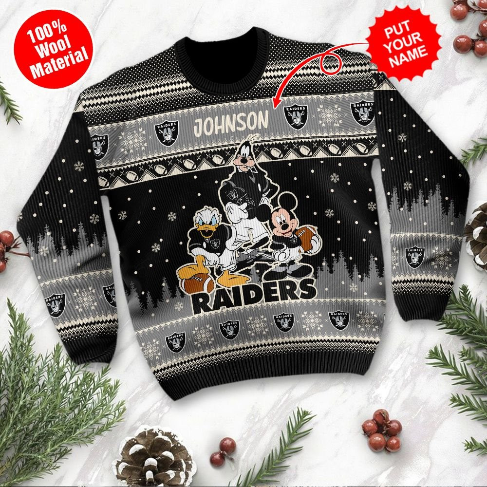Las Vegas Raiders Disney Donald Duck Mickey Mouse Goofy Personalized Ugly Christmas Sweater Adult 3D Funny Matching for family - Image 2