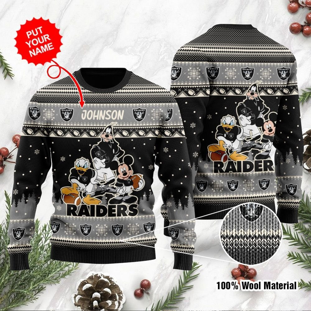Las Vegas Raiders Disney Donald Duck Mickey Mouse Goofy Personalized Ugly Christmas Sweater Adult 3D Funny Matching for family