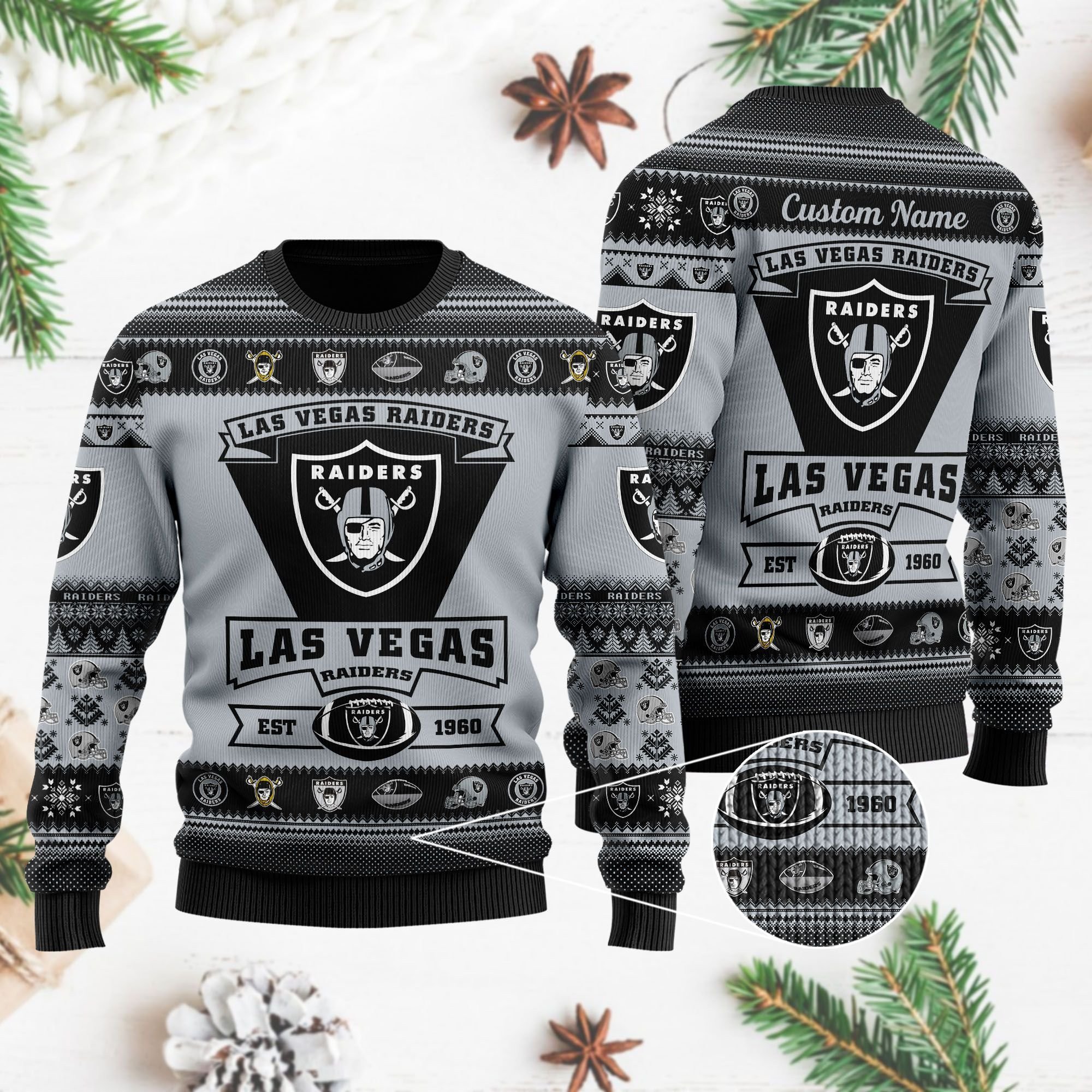 Las Vegas Raiders Football Team Logo Custom Name Personalized Ugly Christmas Sweater Adult 3D Funny Matching for family