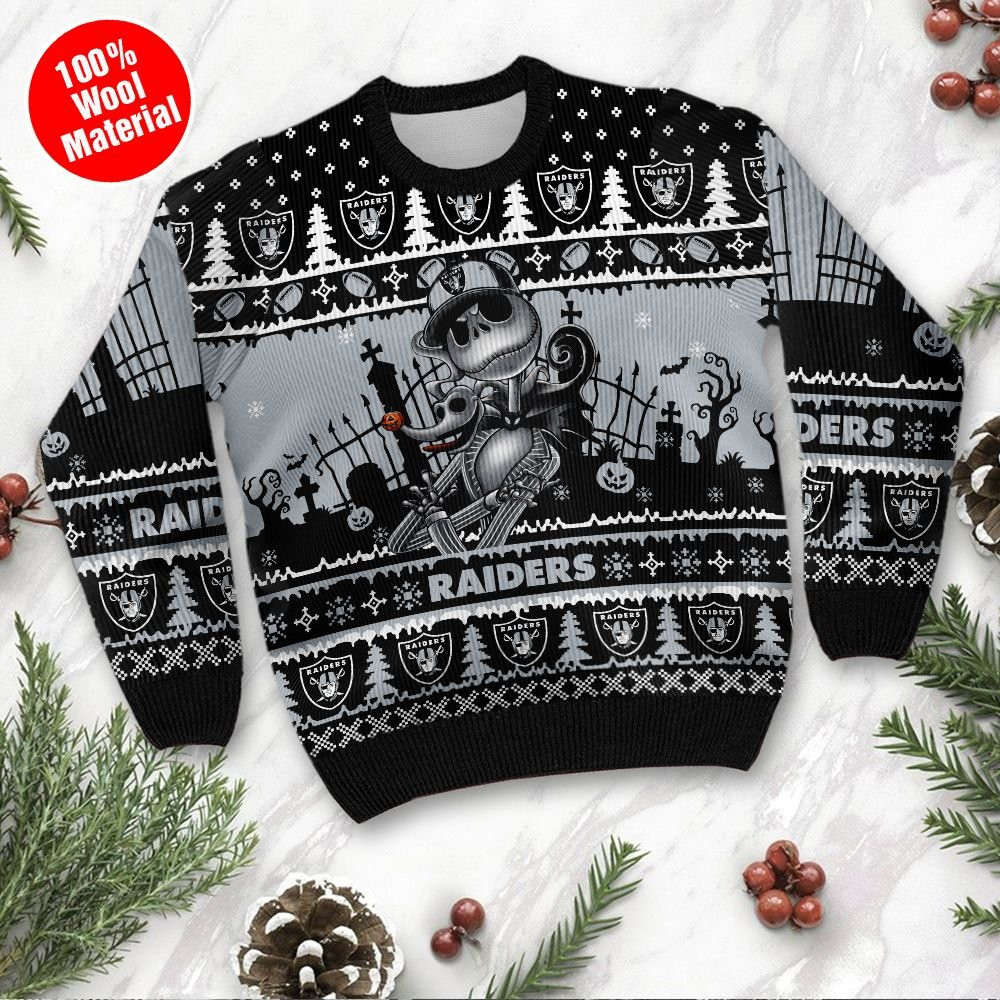 Las Vegas Raiders Jack Skellington Halloween Holiday Party Ugly Christmas Sweater Adult 3D Funny Matching for family - Image 2