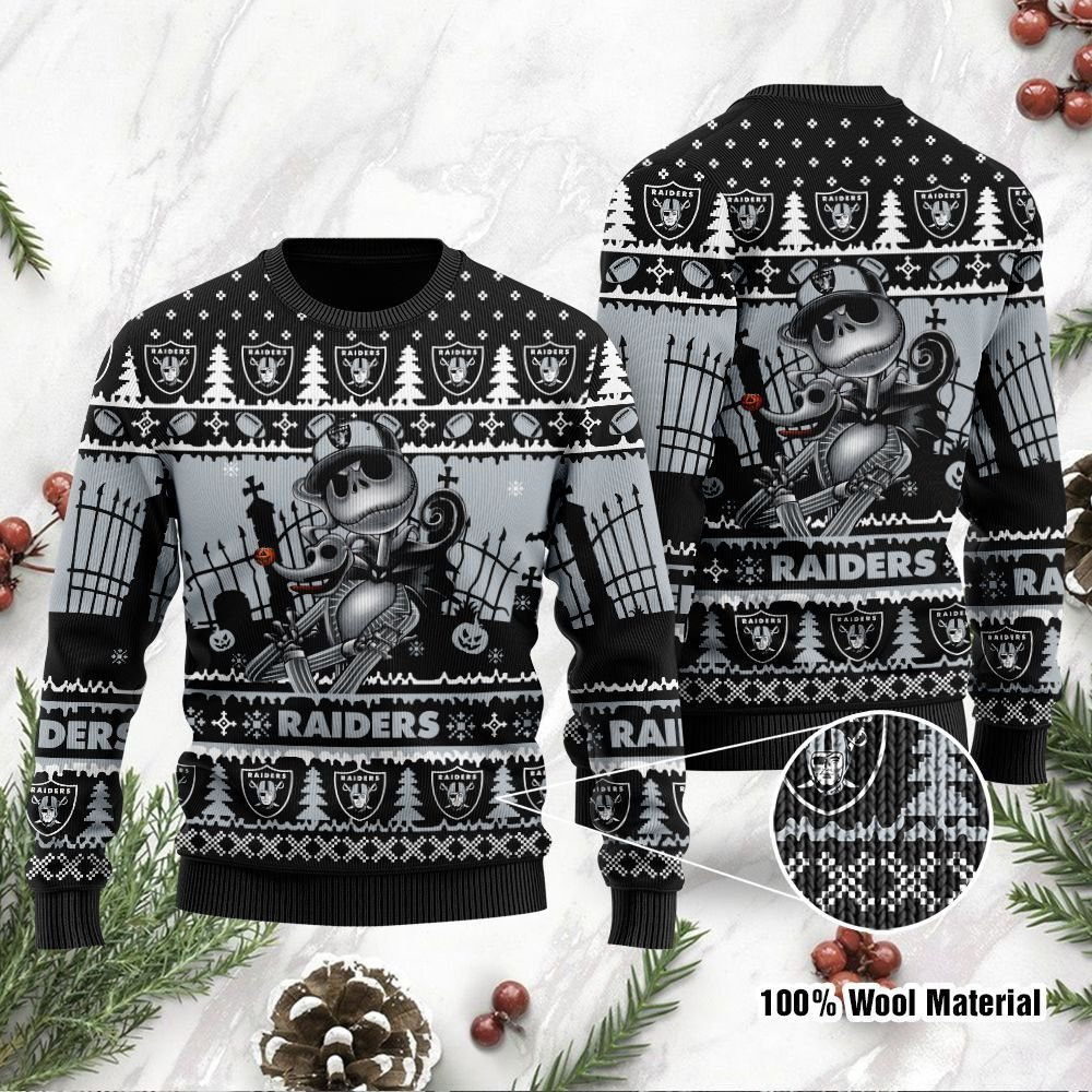 Las Vegas Raiders Jack Skellington Halloween Ugly Christmas Sweater Adult 3D Funny Matching for family