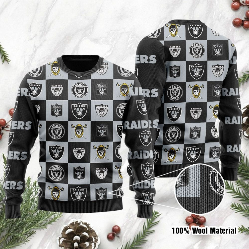 Las Vegas Raiders Logo Checkered Flannel Ugly Christmas Sweater Adult 3D Funny Matching for family