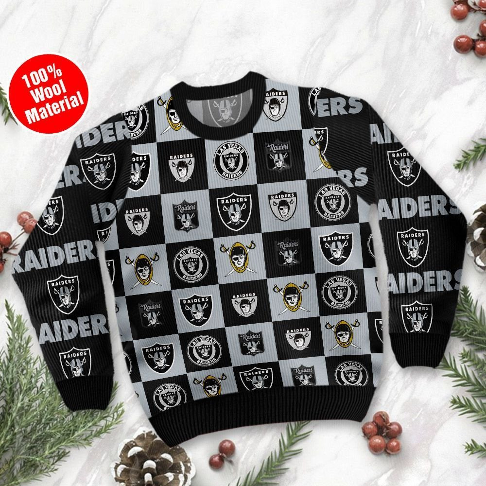 Las Vegas Raiders Logo Checkered Flannel Ugly Christmas Sweater Adult 3D Funny Matching for family - Image 2