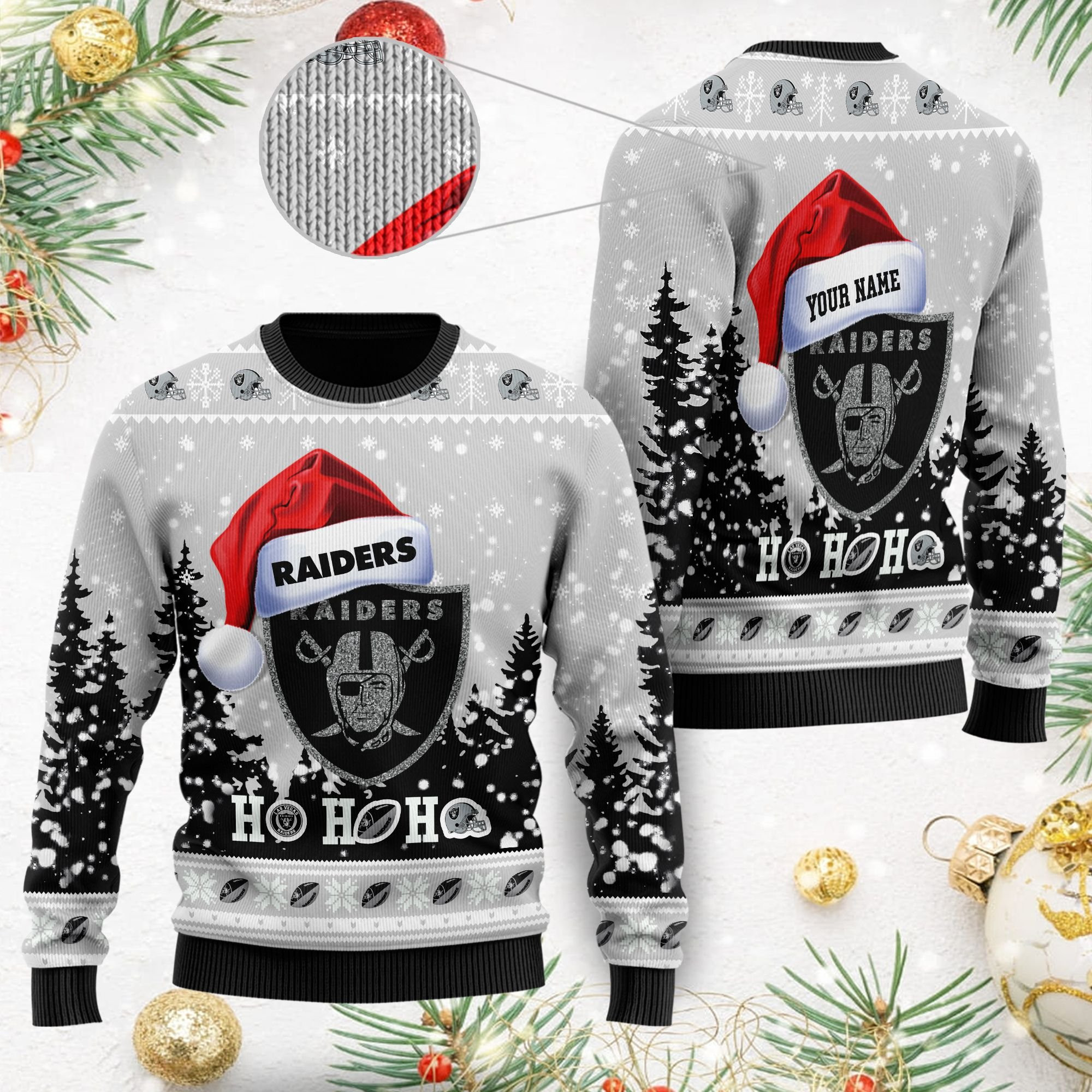 Las Vegas Raiders Symbol Wearing Santa Claus Hat Ho Ho Ho Custom Personalized Ugly Christmas Sweater Adult 3D Funny Matching for family