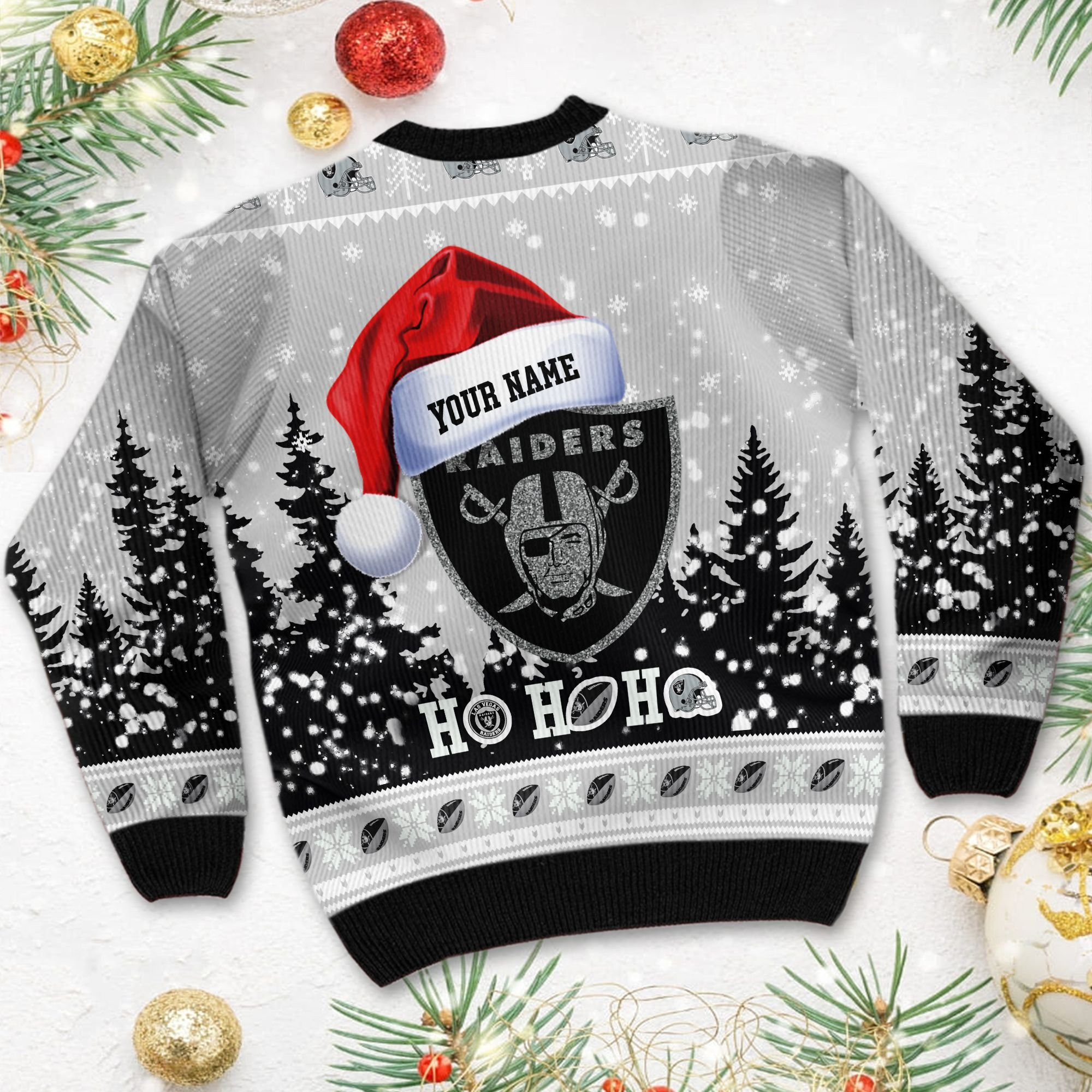 Las Vegas Raiders Symbol Wearing Santa Claus Hat Ho Ho Ho Custom Personalized Ugly Christmas Sweater Adult 3D Funny Matching for family - Image 4