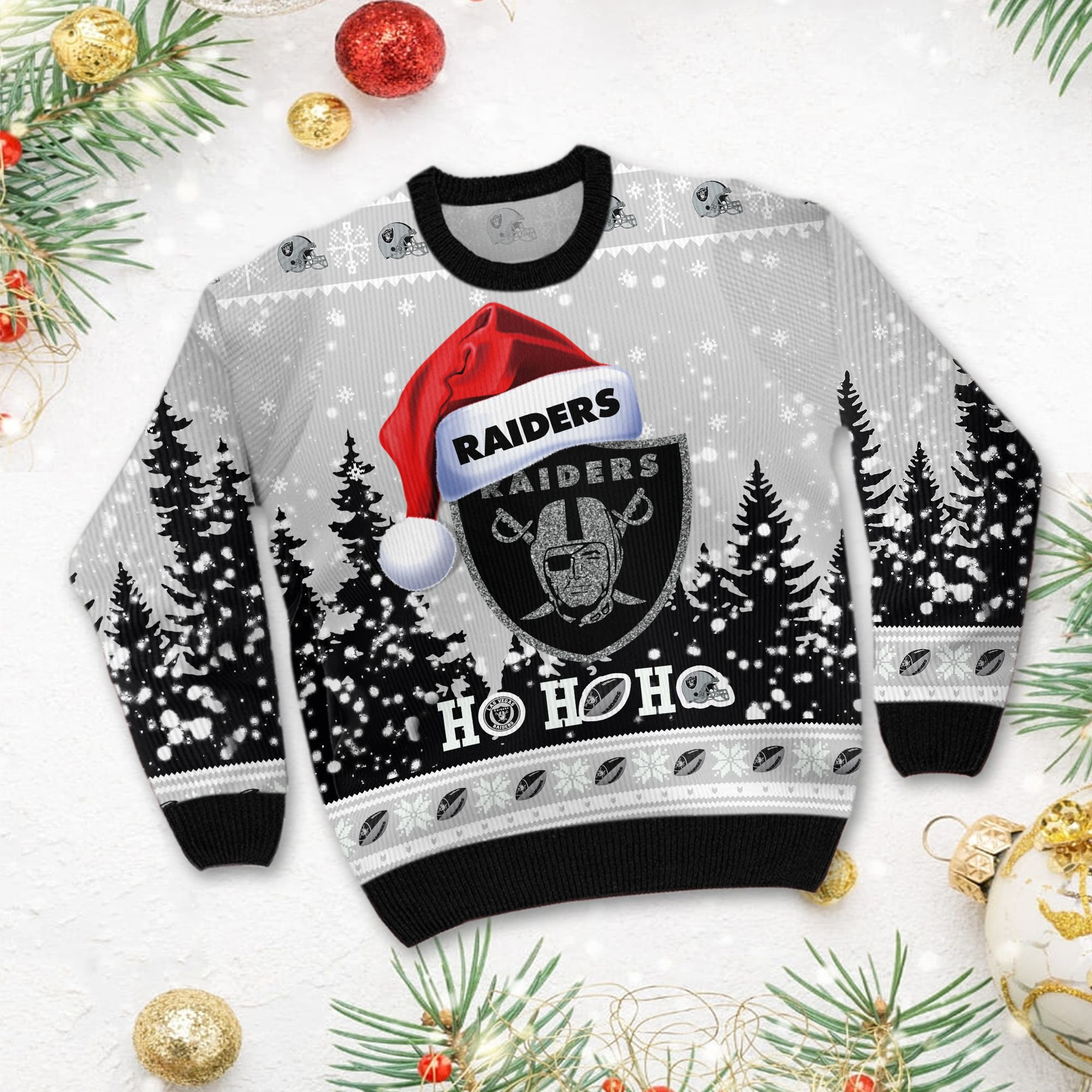 Las Vegas Raiders Symbol Wearing Santa Claus Hat Ho Ho Ho Custom Personalized Ugly Christmas Sweater Adult 3D Funny Matching for family - Image 3