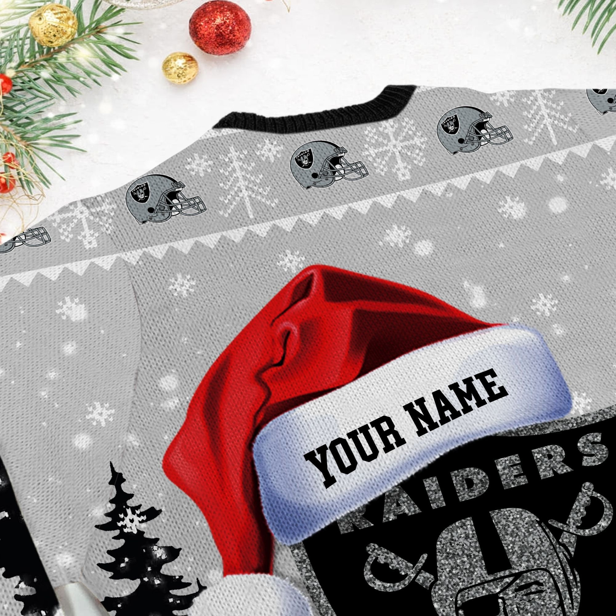 Las Vegas Raiders Symbol Wearing Santa Claus Hat Ho Ho Ho Custom Personalized Ugly Christmas Sweater Adult 3D Funny Matching for family - Image 6