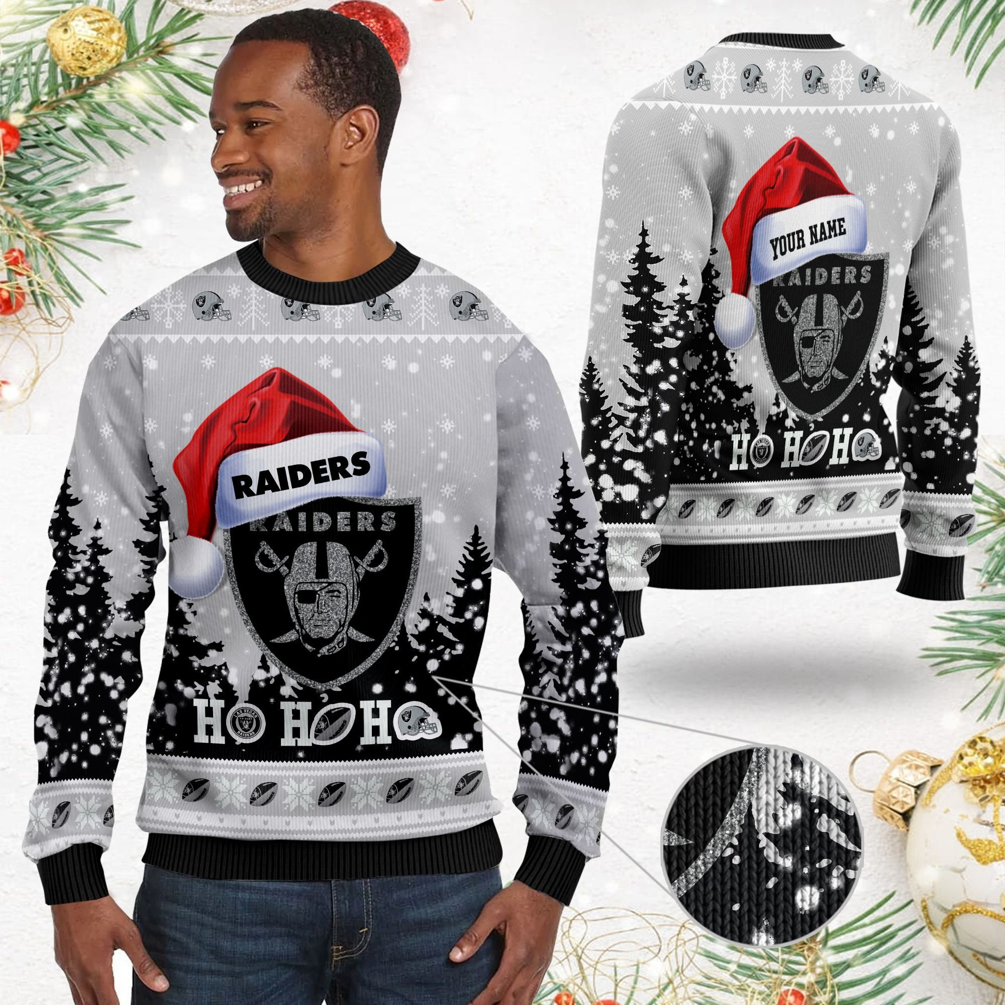 Las Vegas Raiders Symbol Wearing Santa Claus Hat Ho Ho Ho Custom Personalized Ugly Christmas Sweater Adult 3D Funny Matching for family - Image 2