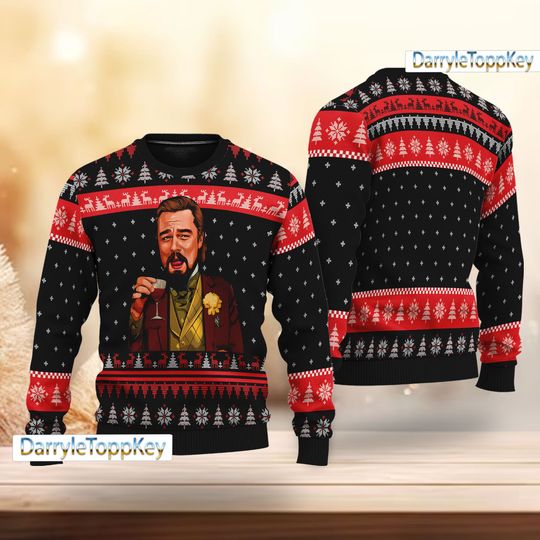Laughing Leo DiCaprio Meme Ugly Christmas Sweater, Leonardo DiCaprio Ugly Christmas Sweater - Image 2