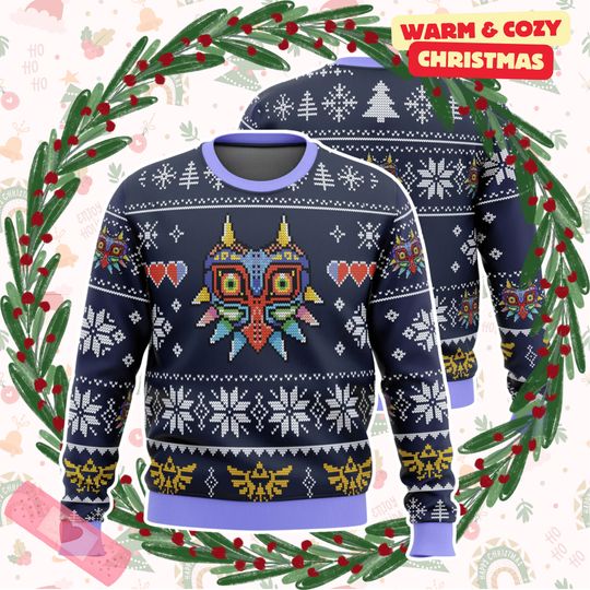 Legend of Zelda Majoras Mask Seamless Pattern Ugly Christmas Sweater - Image 2