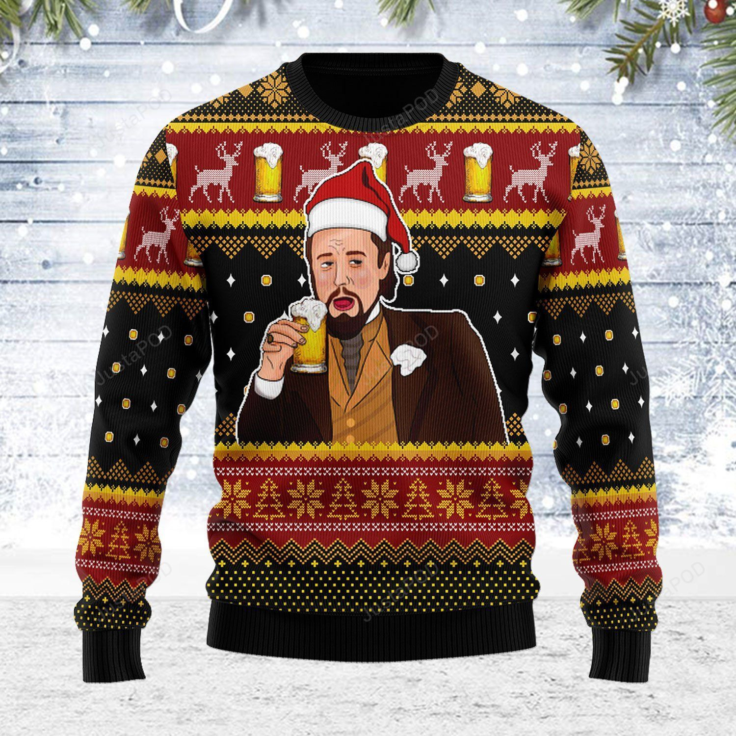 Leo Laughing Meme Drinking Bear Ugly Christmas Sweater Adult 3D Funny Matching for family
