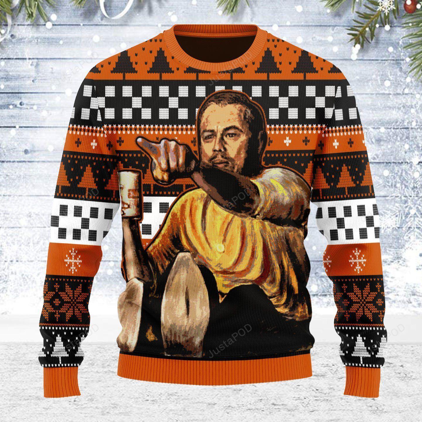 Leo Pointing Meme Ugly Christmas Sweater Adult 3D Funny Matching for family