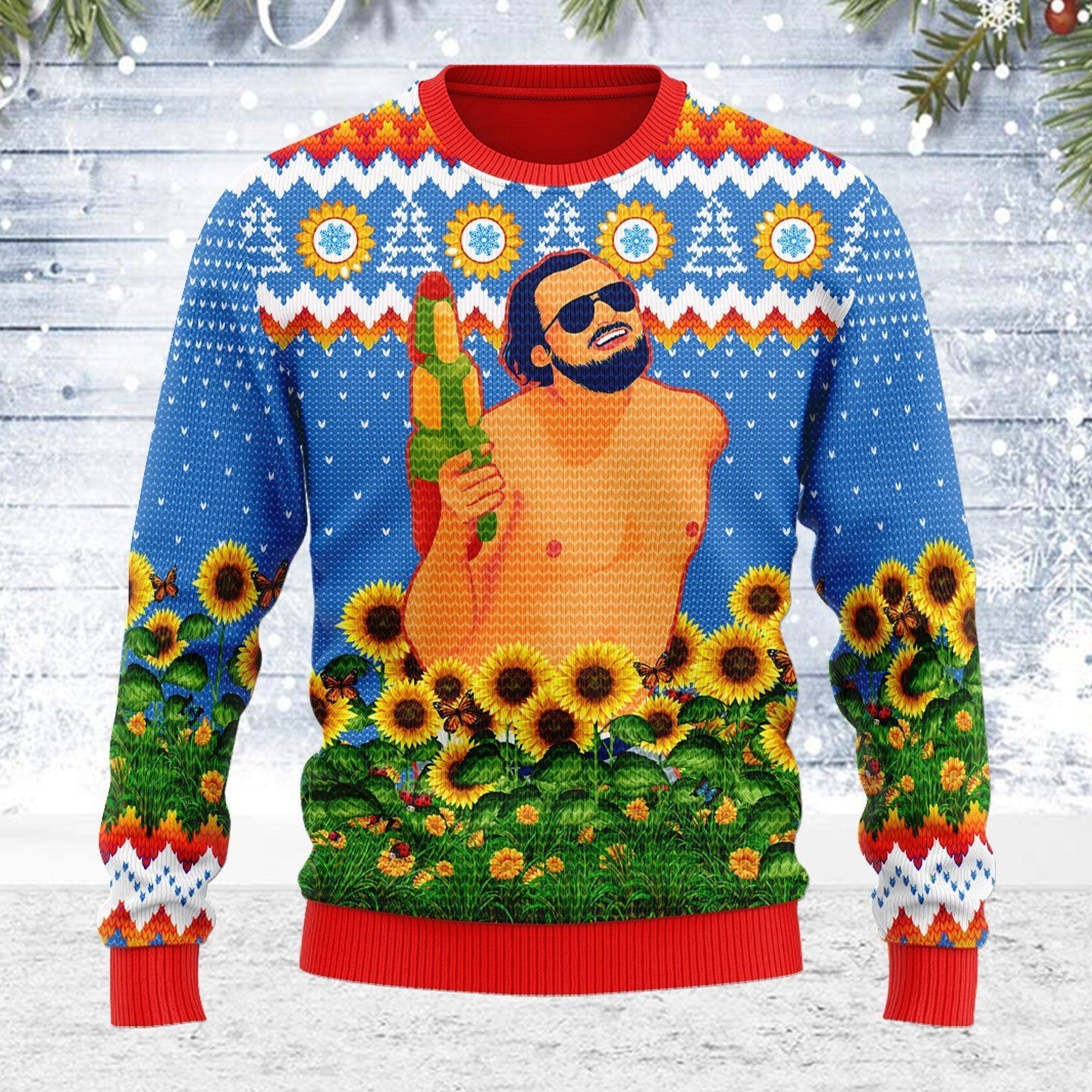 Leo Running With Water Gun Ugly Christmas Sweater Adult 3D Funny Matching for family - Image 2