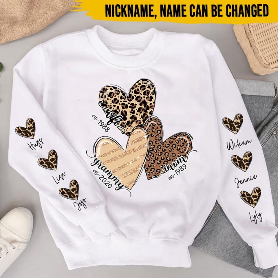 Leopard Heart Wife Mom Grandma With Little Kids Personalized 3D Sweater