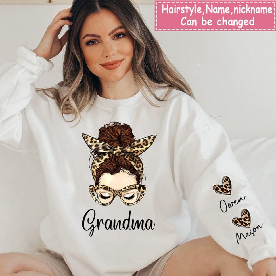 Leopard Messy Bun Grandma Mom Heart Kids Personalized 3D Sweater