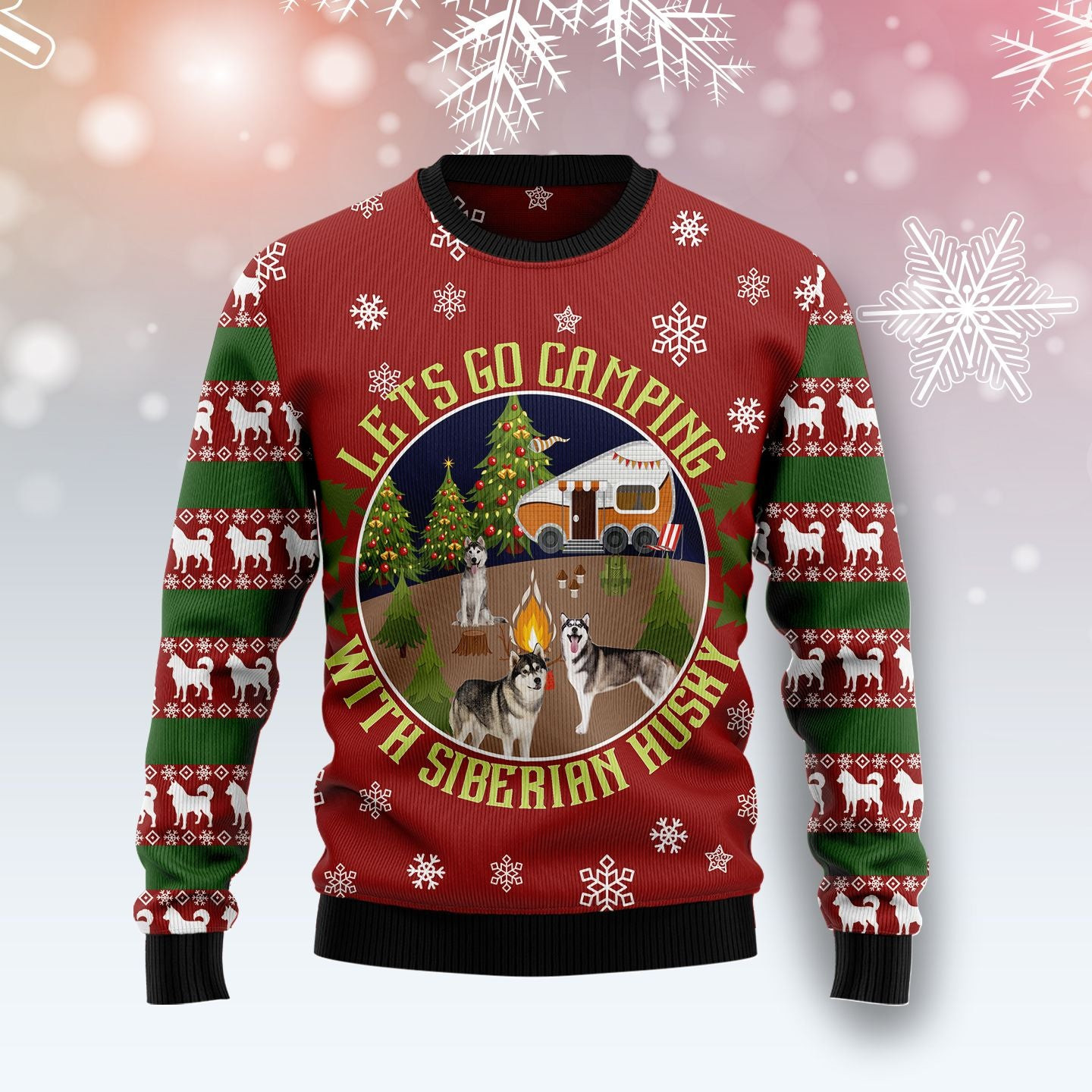 Let's Go Camping With Siberian Husky Ugly Christmas Sweater