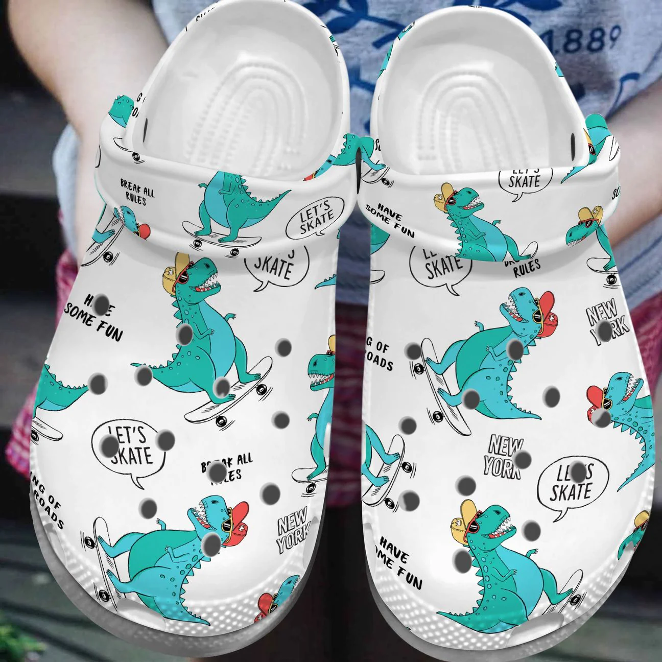 Let's Skate Funny Dinosaur Crocs Crocband Clogs Shoes Comfortable For Men Women and Kids