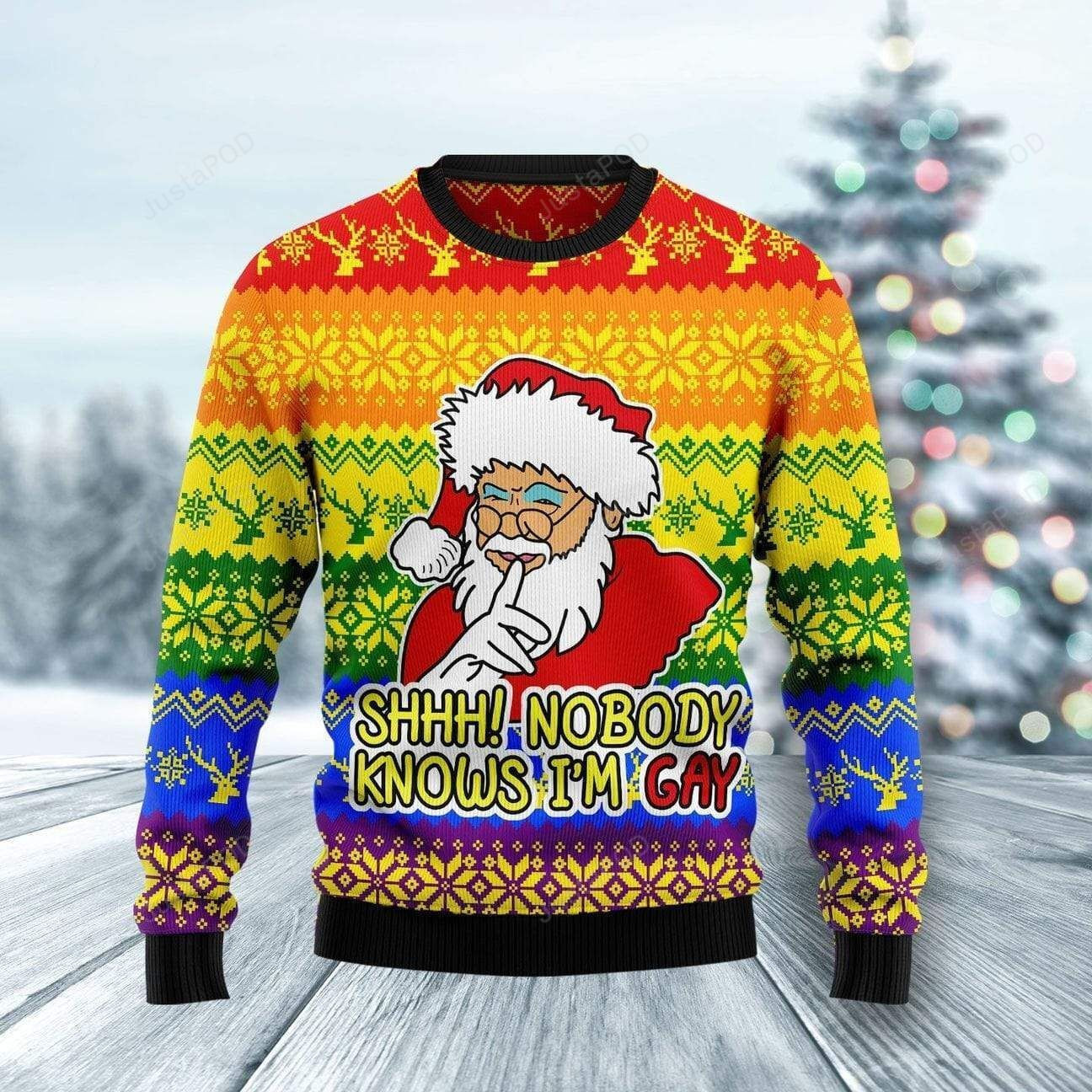 Lgbt Christmas Nobody Knows Im Gay Santa Claus Ugly Christmas Sweater Adult 3D Funny Matching for family