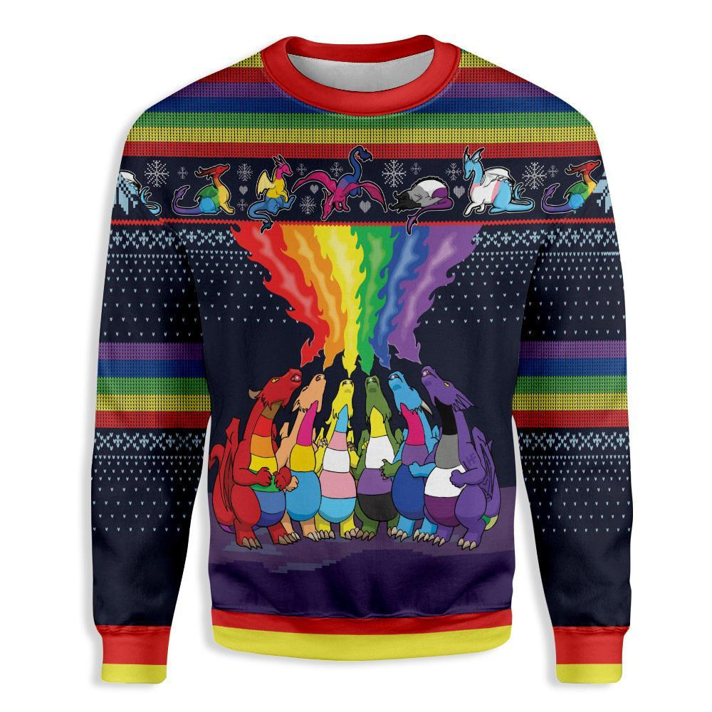 Lgbt Dragon Christmas Ugly Christmas Sweater Adult 3D Funny Matching for family