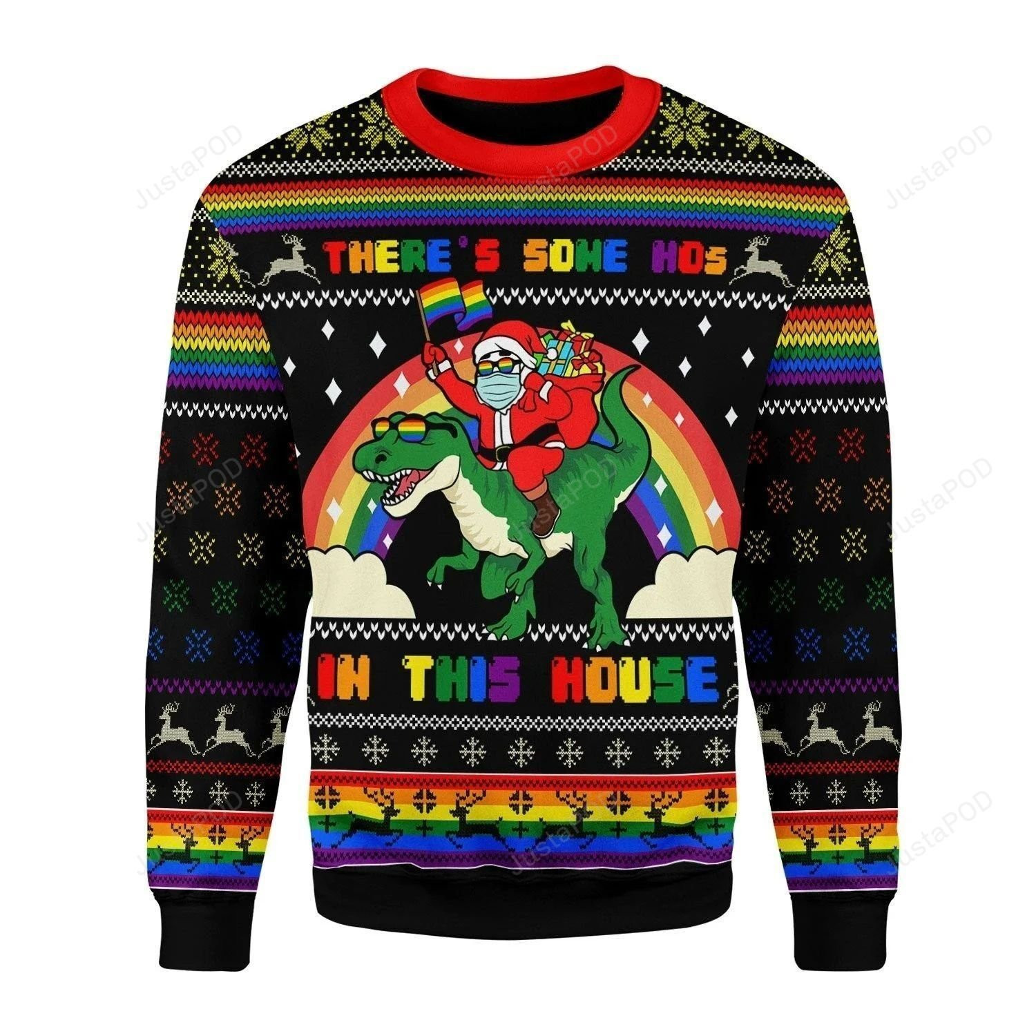 Lgbt Flag Christmas Santa Clause And Dinosaur Ugly Christmas Sweater Adult 3D Funny Matching for family