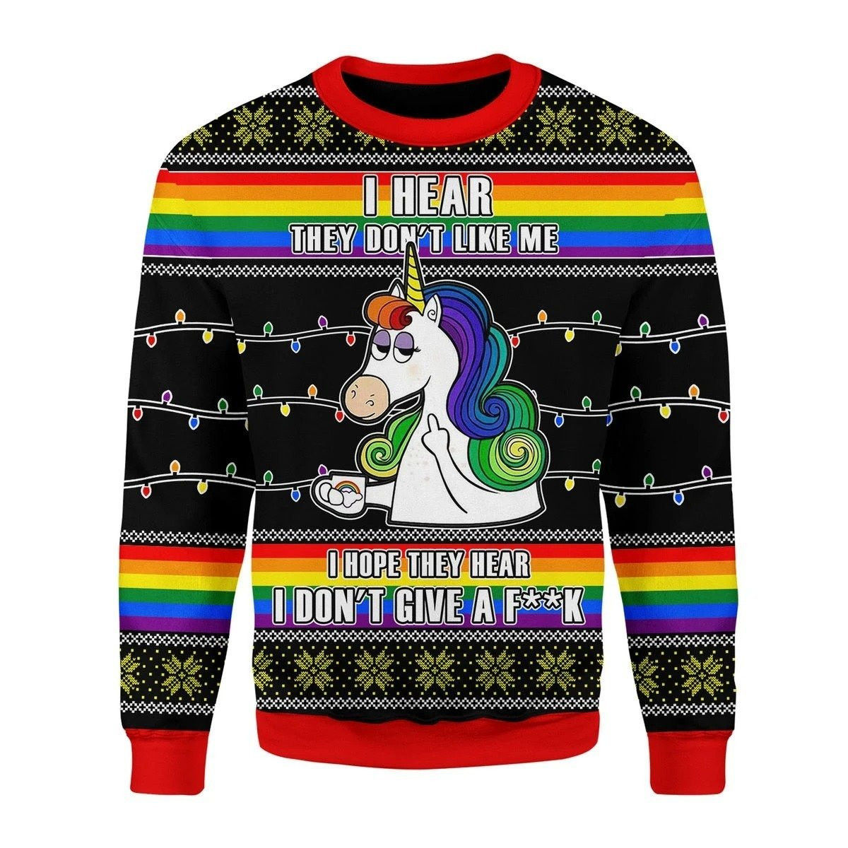LGBT Unicorn I Dont Give A Fk Ugly Christmas Sweater Adult 3D Funny Matching for family