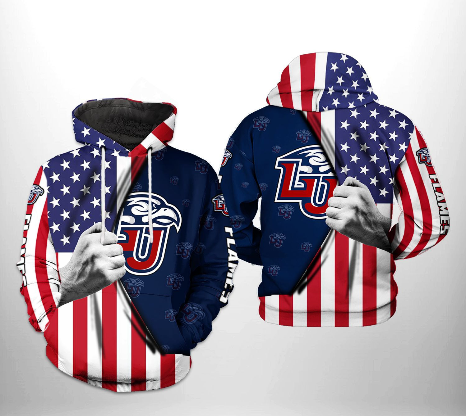 Liberty Flames NCAA US Flag 3D All Over Print Hoodie, Zip Hoodie