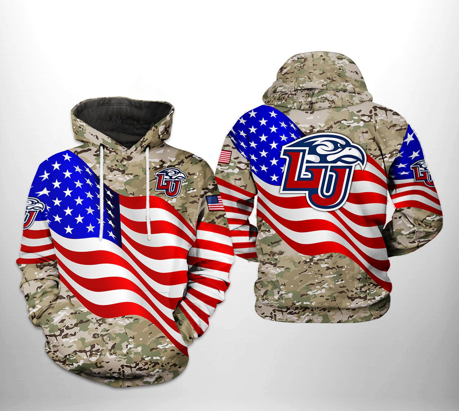 Liberty Flames NCAA US Flag Camo Veteran 3D All Over Print Hoodie, Zip Hoodie