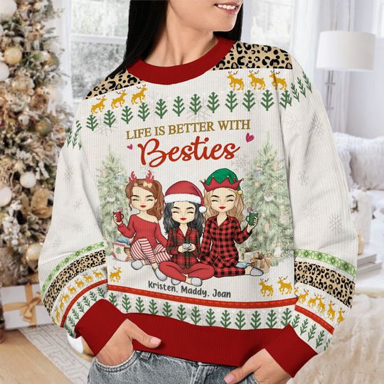 Life Is Better With Besties Wool Jumper Personalized Custom Christmas Ugly Sweatshirt - Image 6