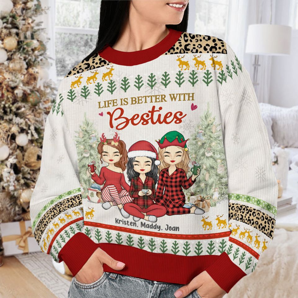 Life Is Better With Besties Wool Jumper Personalized Custom Christmas Ugly Sweatshirt - Image 3