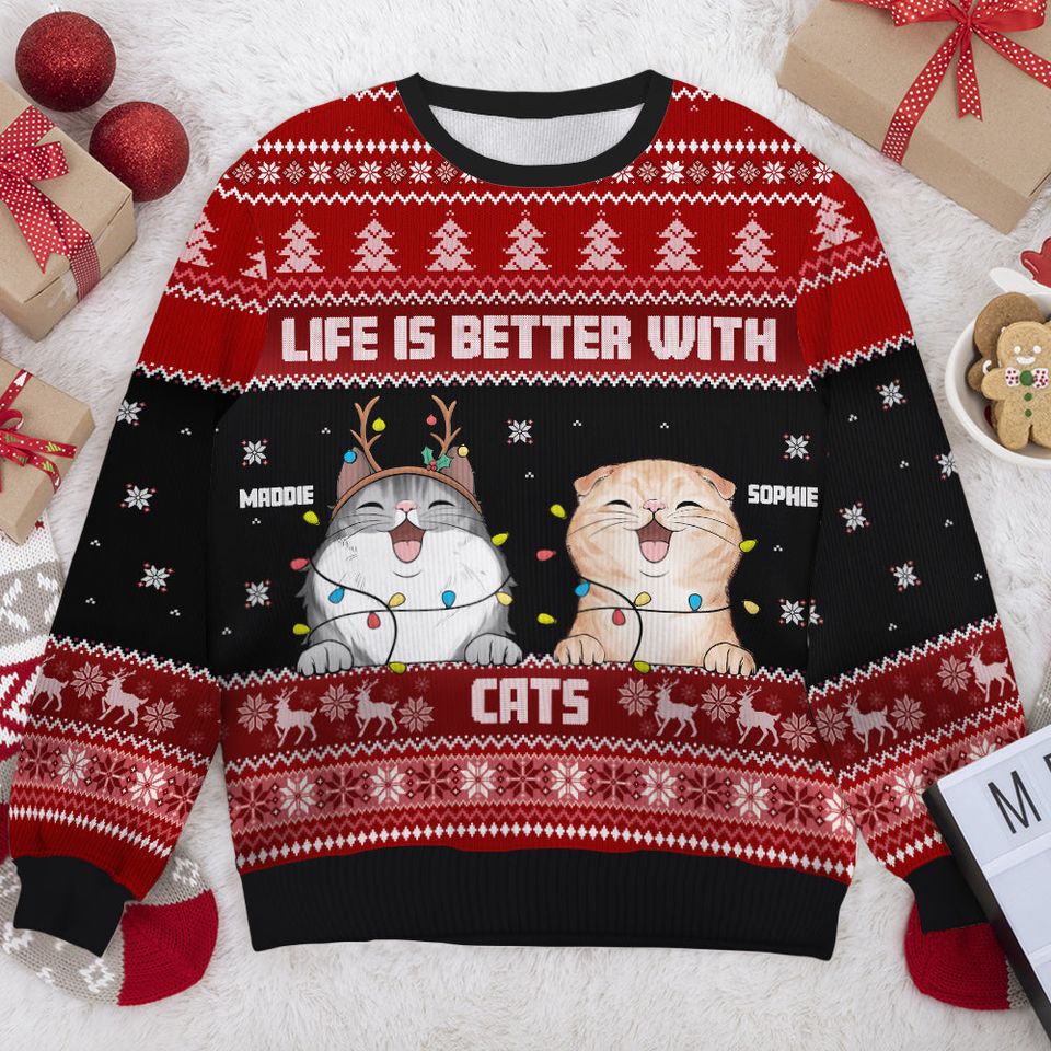 Life Is Better With Cats - Personalized Custom Ugly Christmas Sweatshirt, Christmas Gift - Image 3